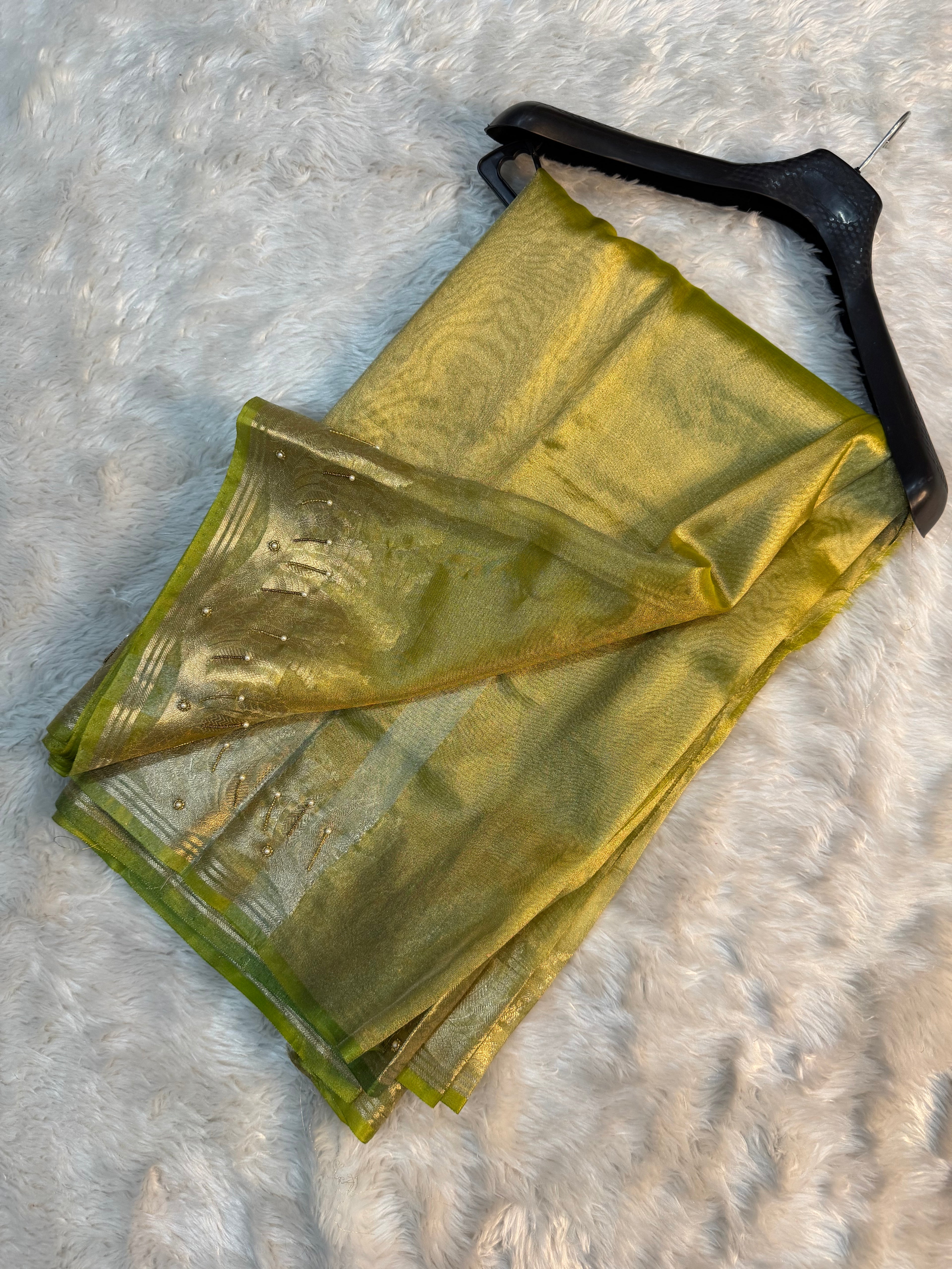 PREMIUM PISTA GREEN SHADE HANDWORK TISSUE SILK CUTWORK SAREE