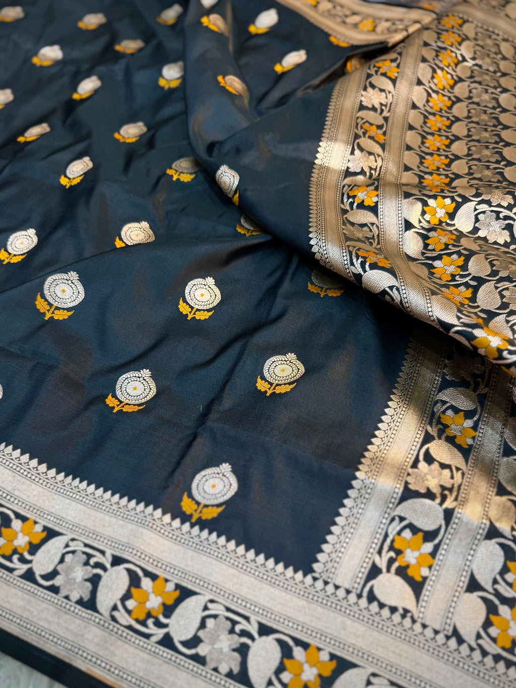 PREMIUM BLACK SHADE SATIN MASHRU KATAN SILK MEENAKARI SAREE