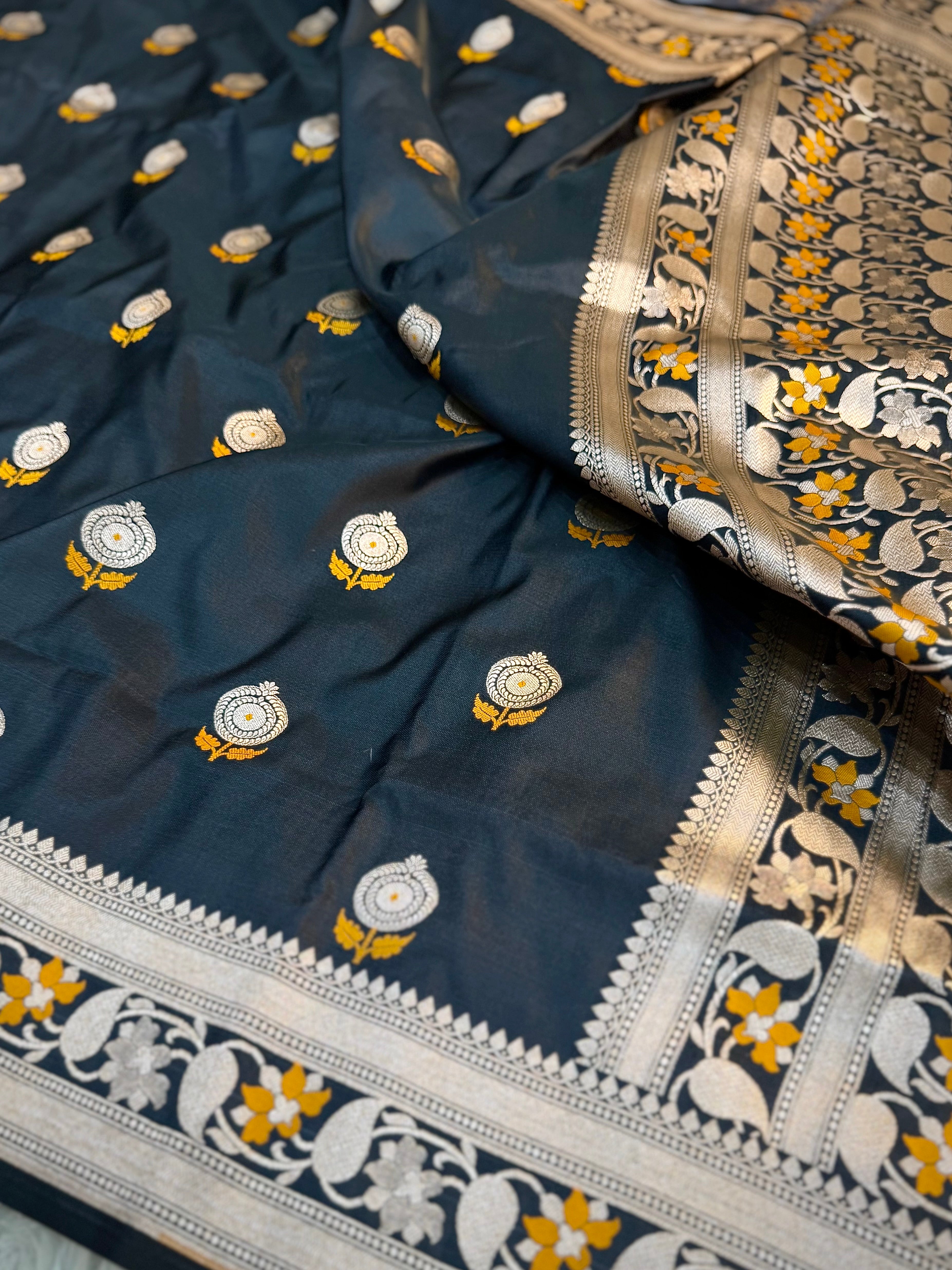 PREMIUM BLACK SHADE SATIN MASHRU KATAN SILK MEENAKARI SAREE
