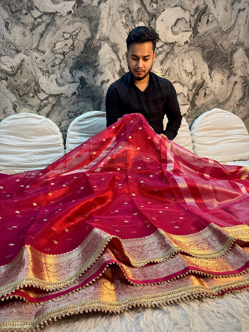 *DHOOP CHHAON* PREMIUM PINK AND RED DESIGNER TISSUE SILK BOOTI SAREE WITH LACE ATTACHED