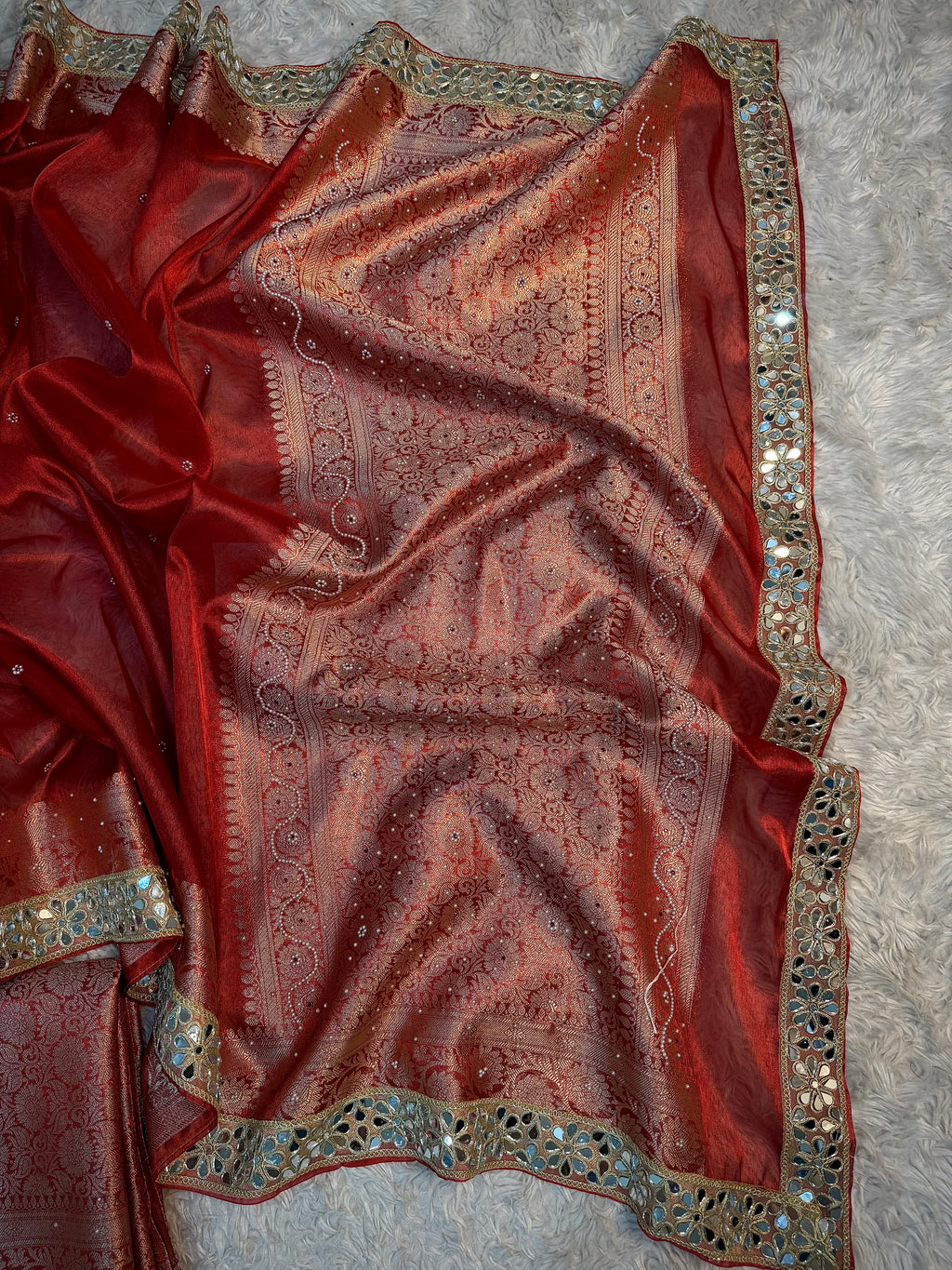 STONE WORK+MIRROR WORK BRIDAL RED SOFT TISSUE SILK DESIGNER SAREE