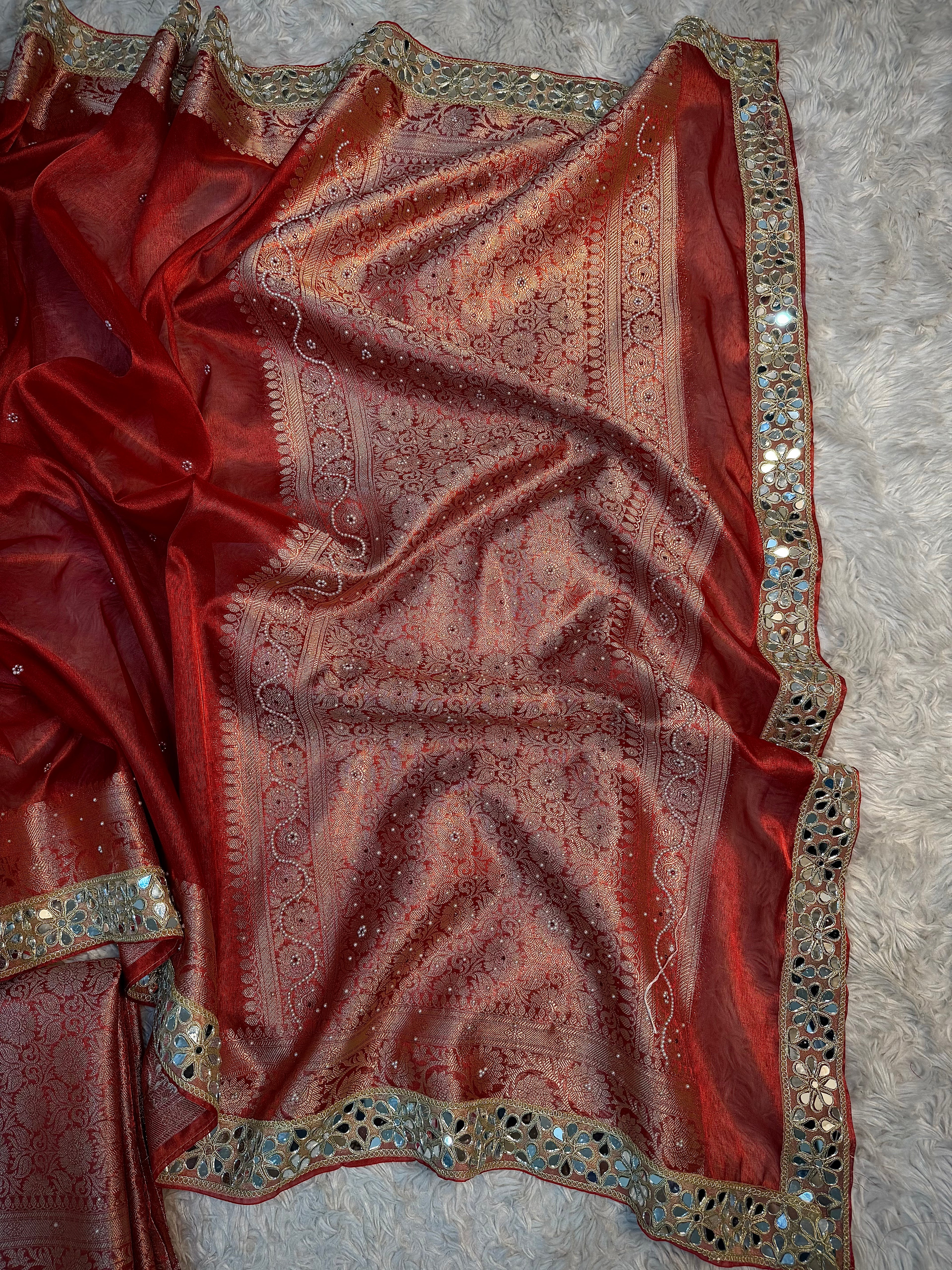 STONE WORK+MIRROR WORK BRIDAL RED SOFT TISSUE SILK DESIGNER SAREE