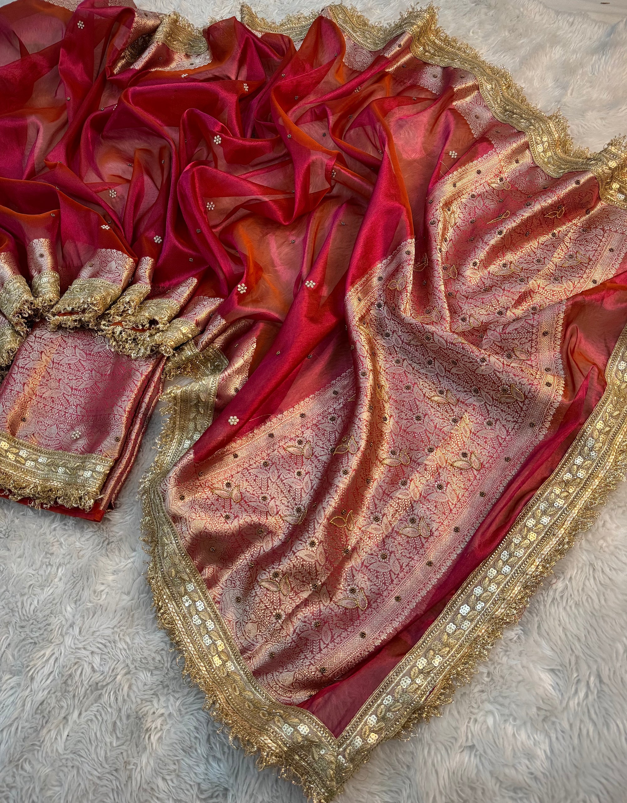 LUXURIOUS ORANGE PINK SHADE SOFT TISSUE SILK WITH PREMIUM HAND EMBROIDERY AND LACE WORK