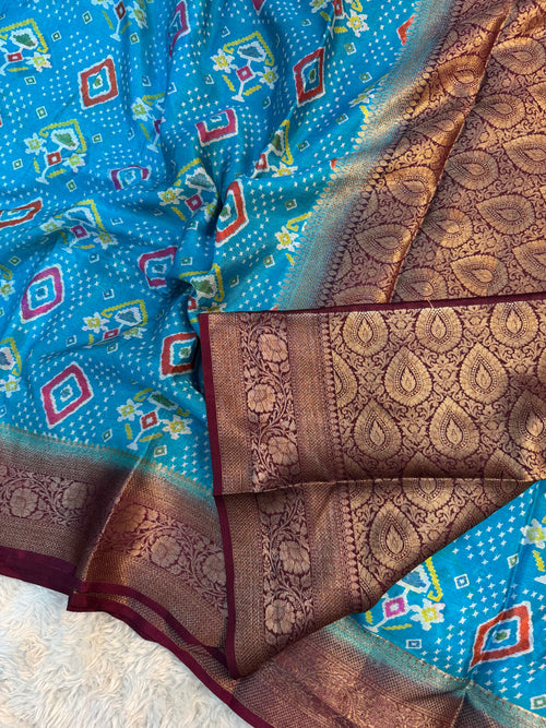 BEAUTIFUL LIGHT BLUE SHADE BANARASI SOFT SILK SAREE WITH DIGITAL PRINT