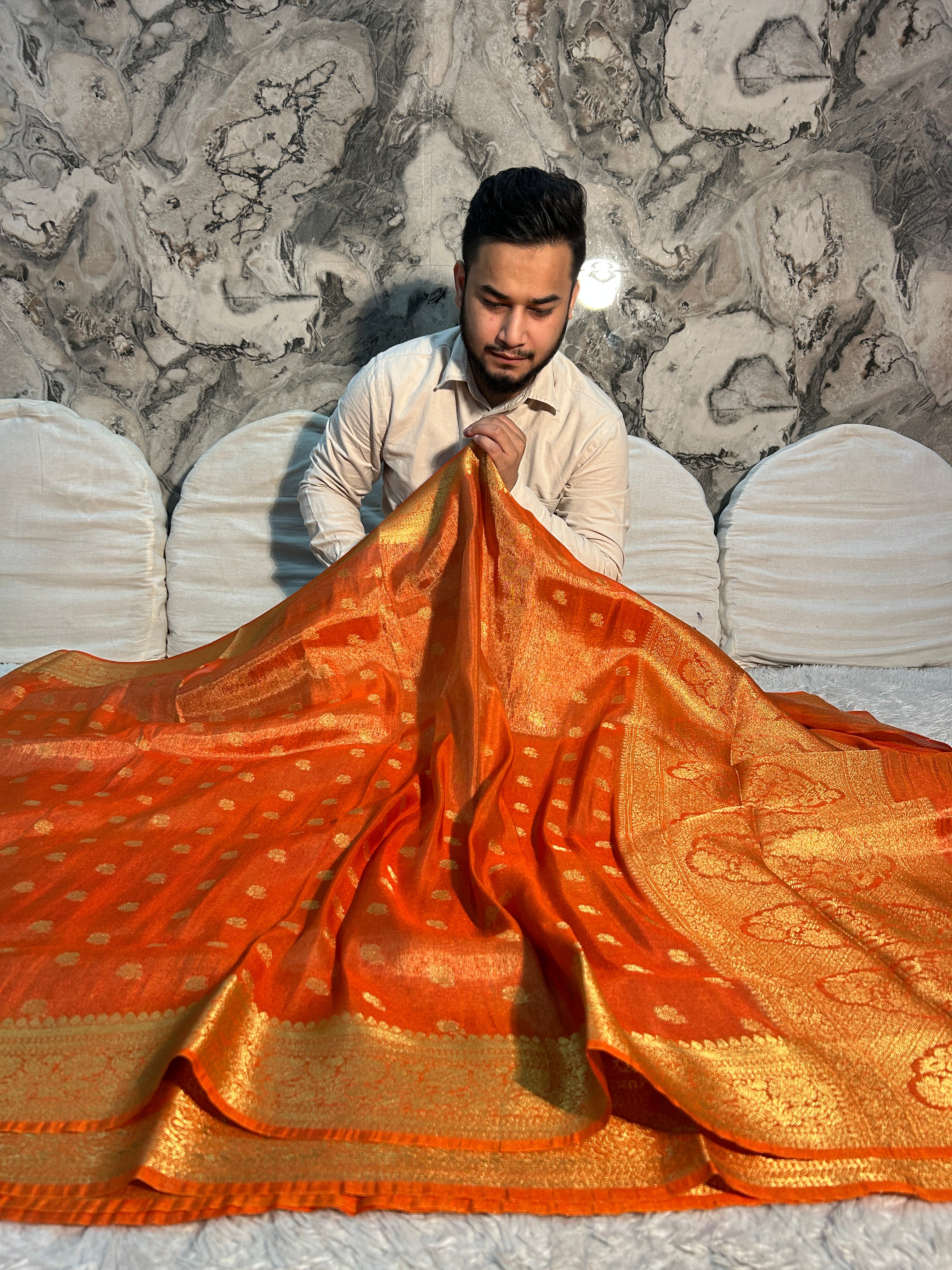 PREMIUM ORANGE SHADE SOFT KATAN TISSUE SILK SAREE