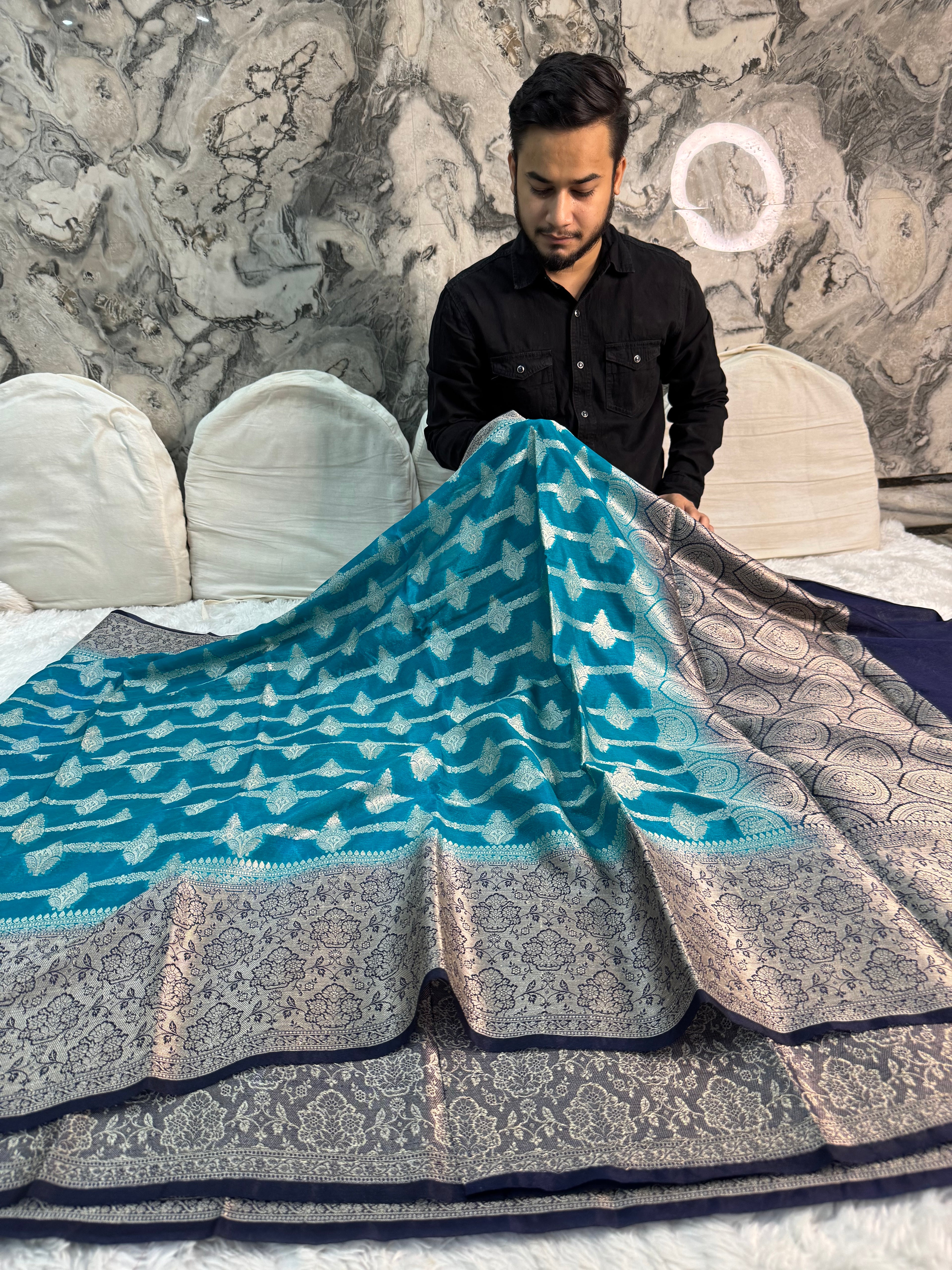 TEAL BLUE SHADE GEORGETTE BANARASI SAREE