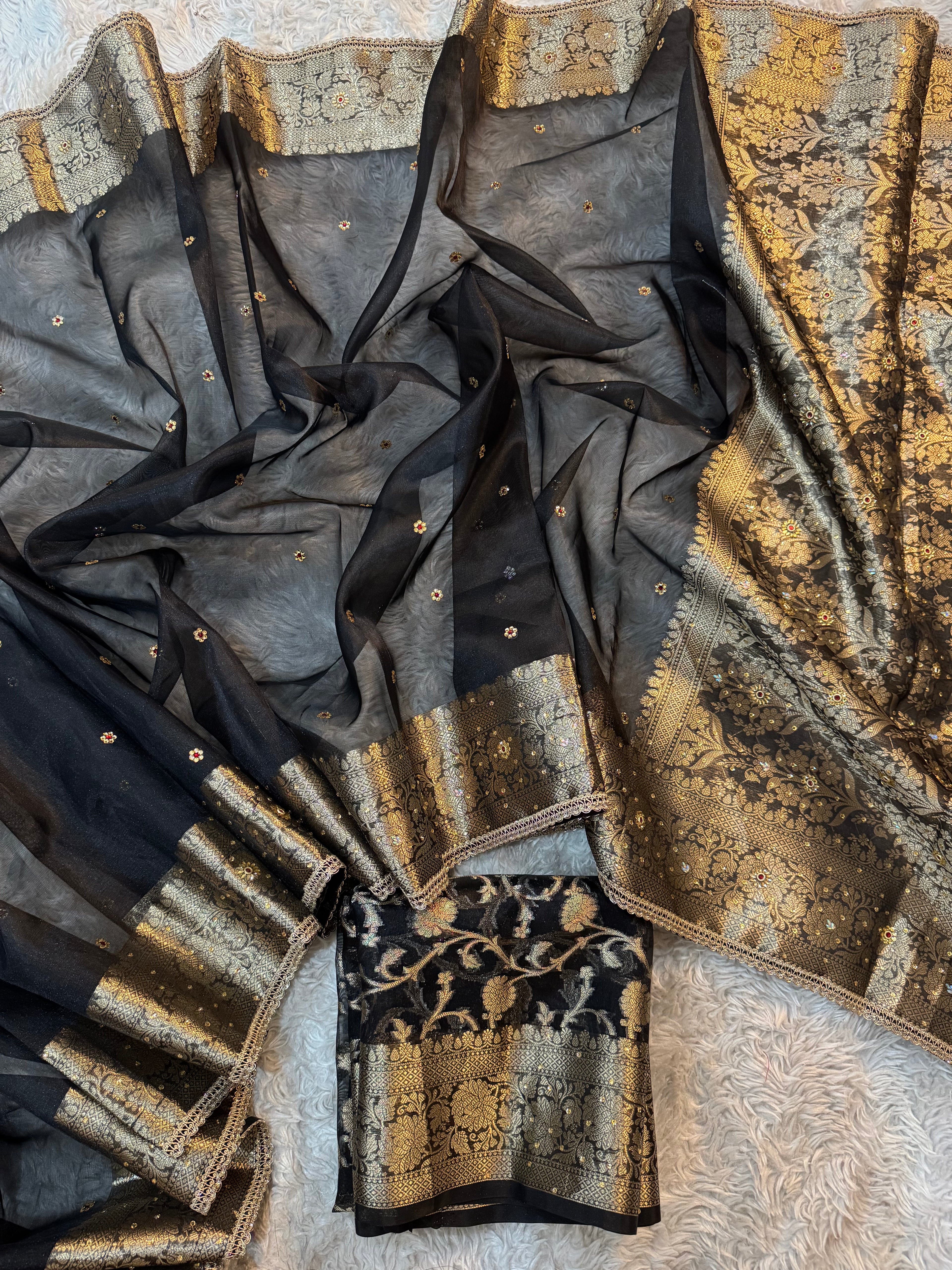 EXCLUSIVE HOT BLACK SHADE SOFT TISSUE SILK SAREE DESIGNER HAND STONE WORK WITH LACE ATTACHED
