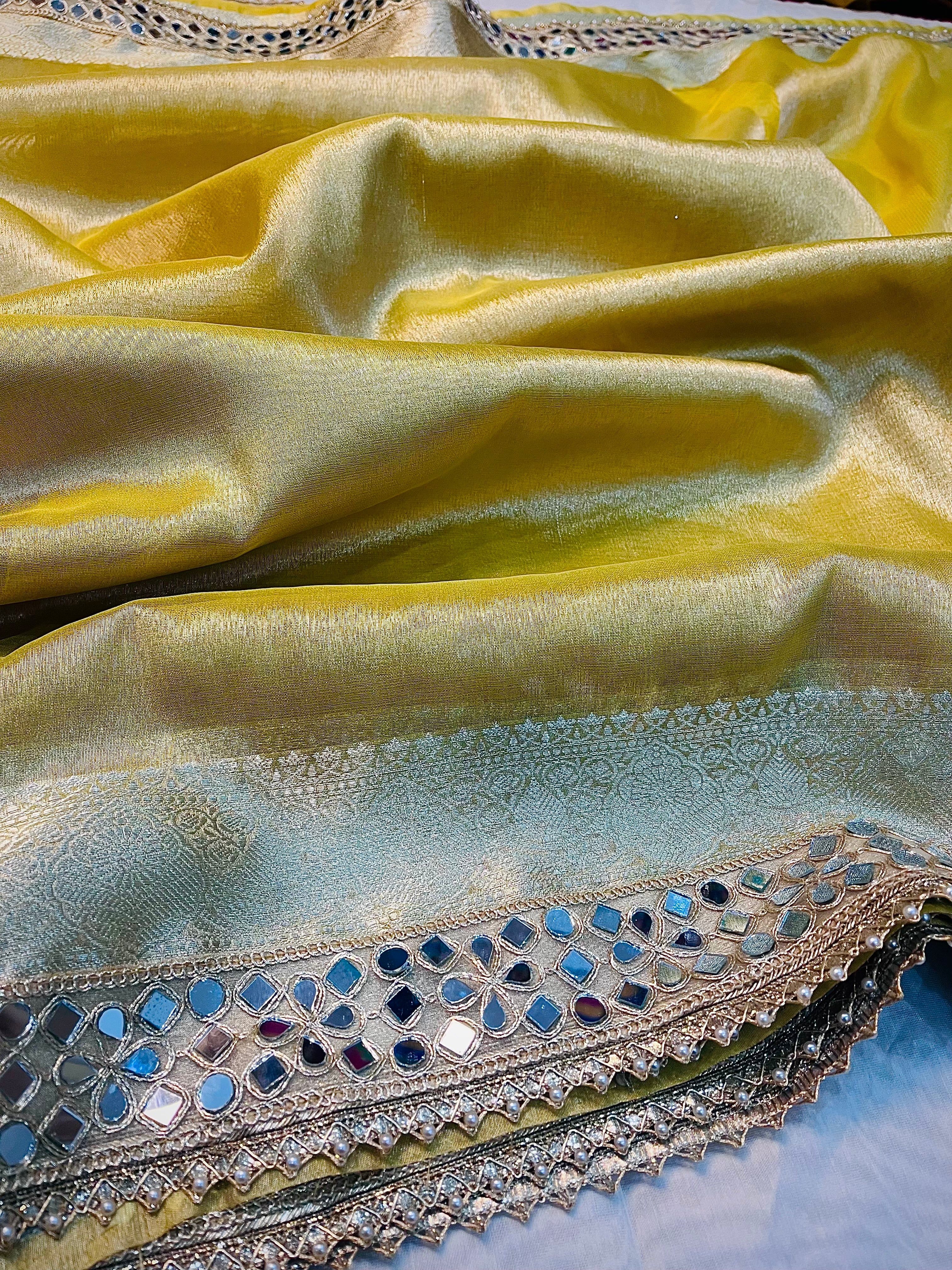 EXCLUSIVE YELLOW SHADE SOFT  TISSUE SILK SAREE WITH DESIGNER LACE ATTACHED
