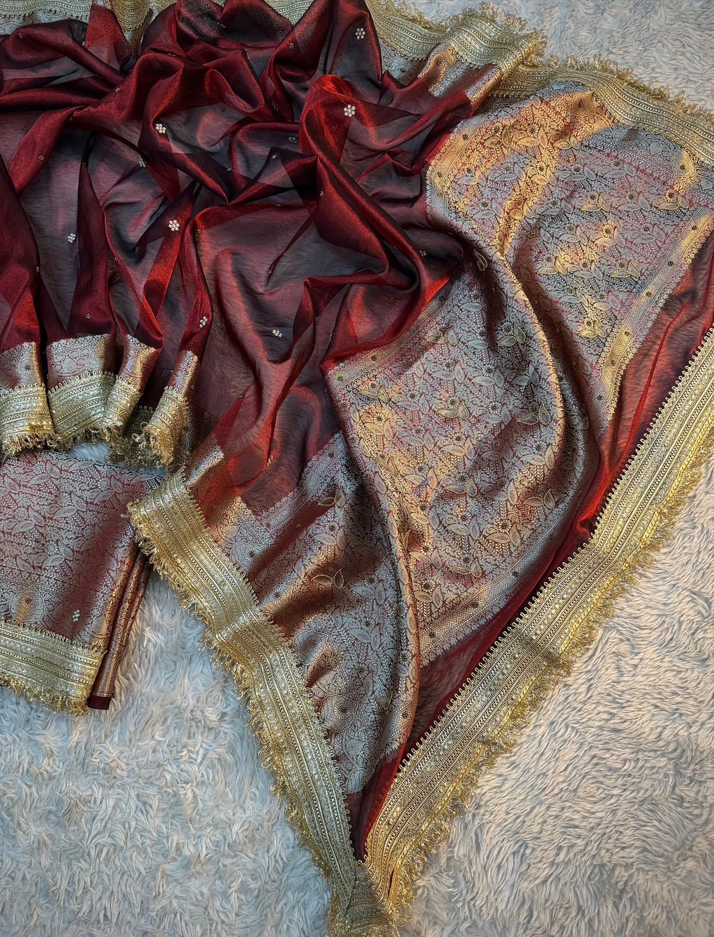 LUXURIOUS MAROON SHADE SOFT TISSUE SILK WITH PREMIUM HAND EMBROIDERY AND LACE WORK