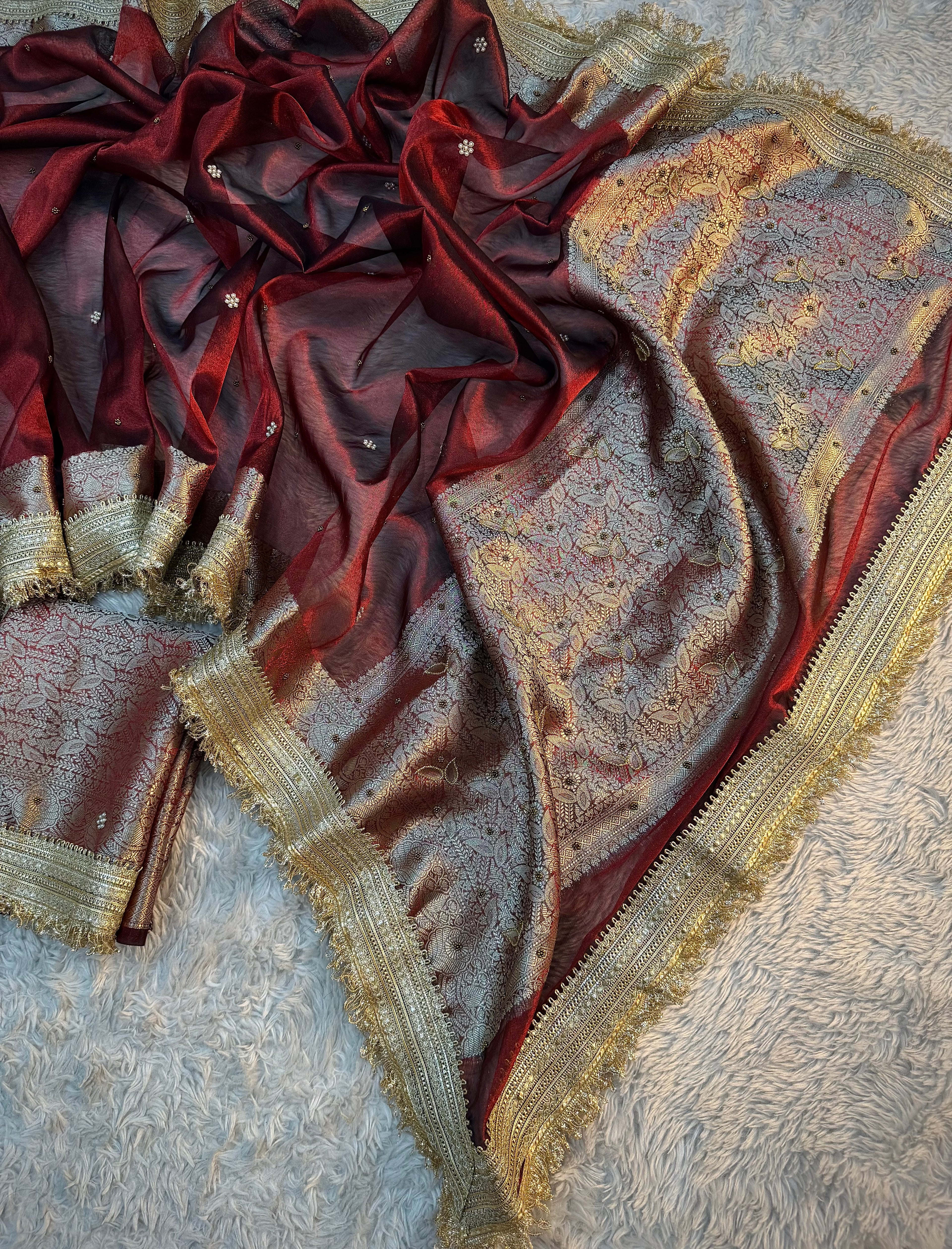 LUXURIOUS MAROON SHADE SOFT TISSUE SILK WITH PREMIUM HAND EMBROIDERY AND LACE WORK