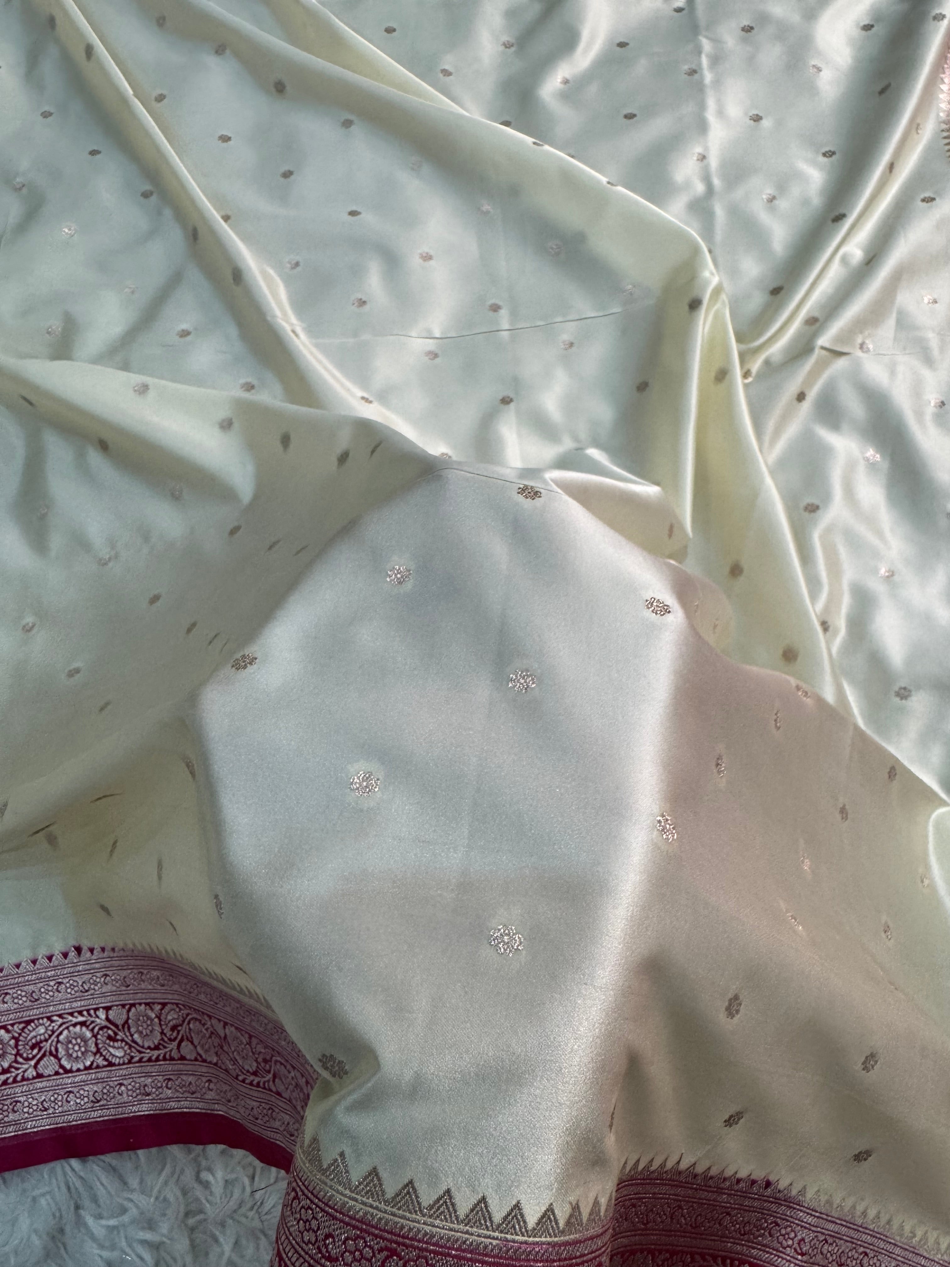 PREMIUM OFF WHITE AND RANI SHADE MASHRU KATAN SILK SAREE