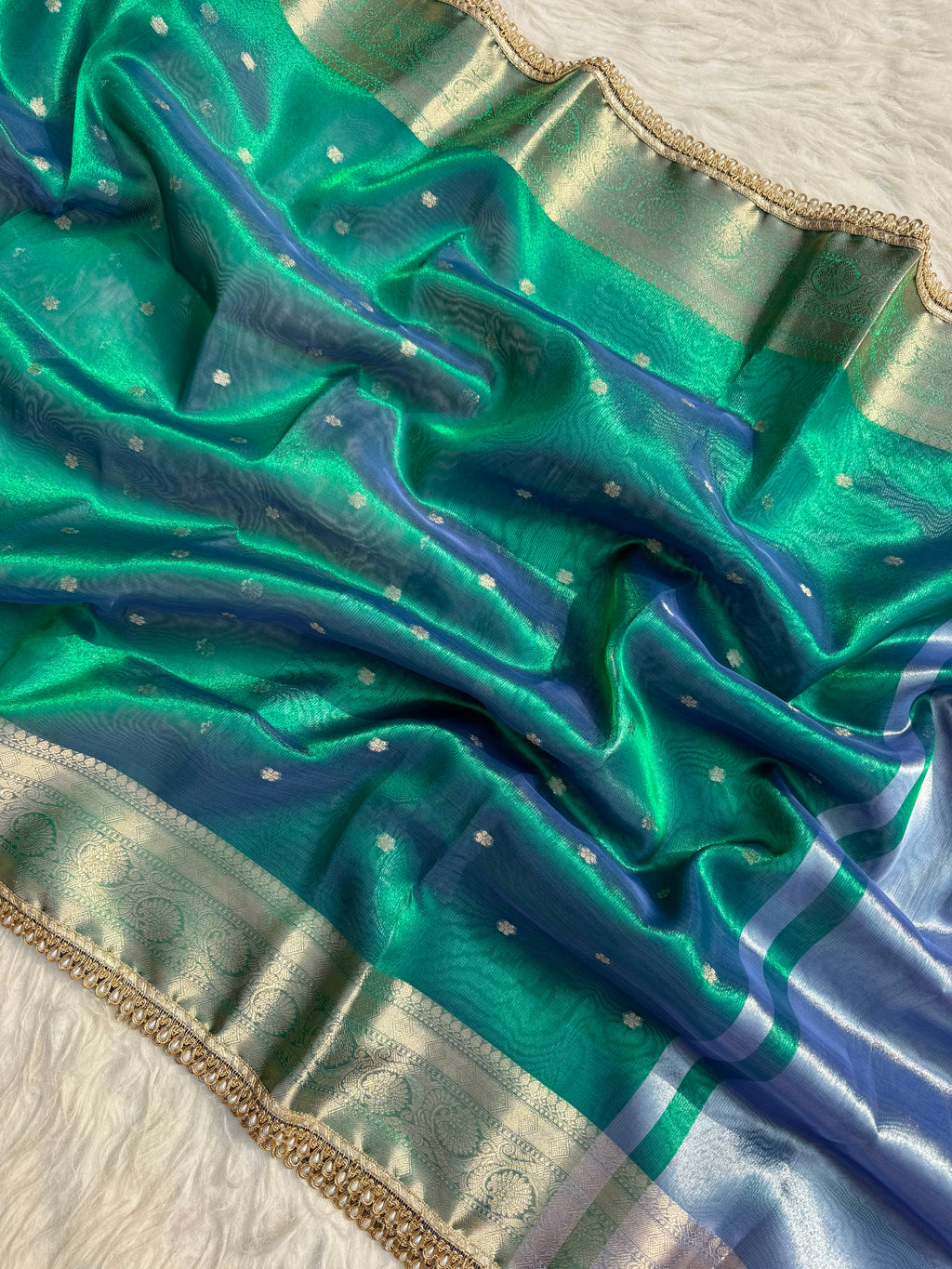 PREMIUM PEACOCK DESIGNER TISSUE SILK BOOTI SAREE WITH LACE ATTACHED (Copy)