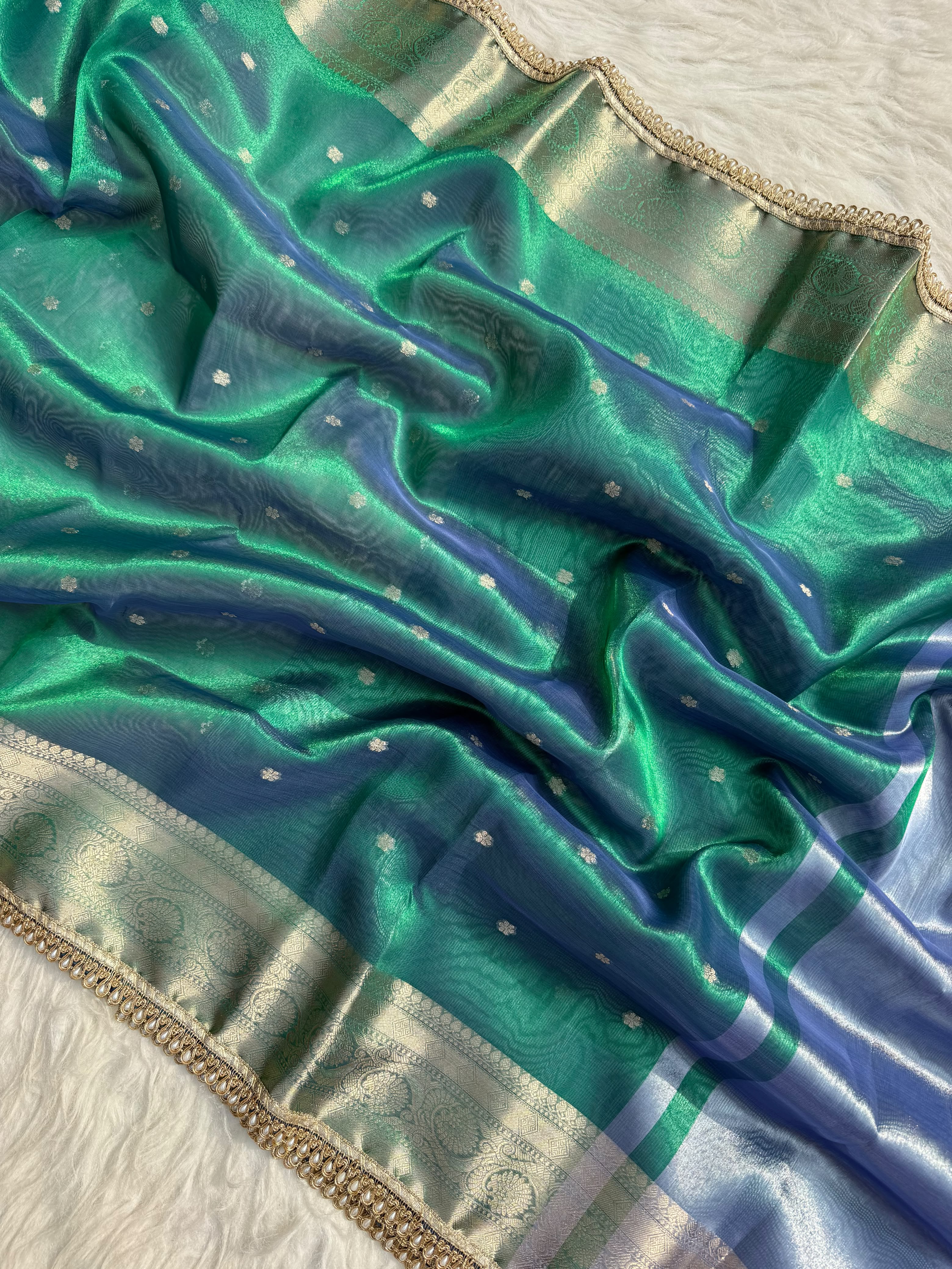 PREMIUM PEACOCK DESIGNER TISSUE SILK BOOTI SAREE WITH LACE ATTACHED (Copy)