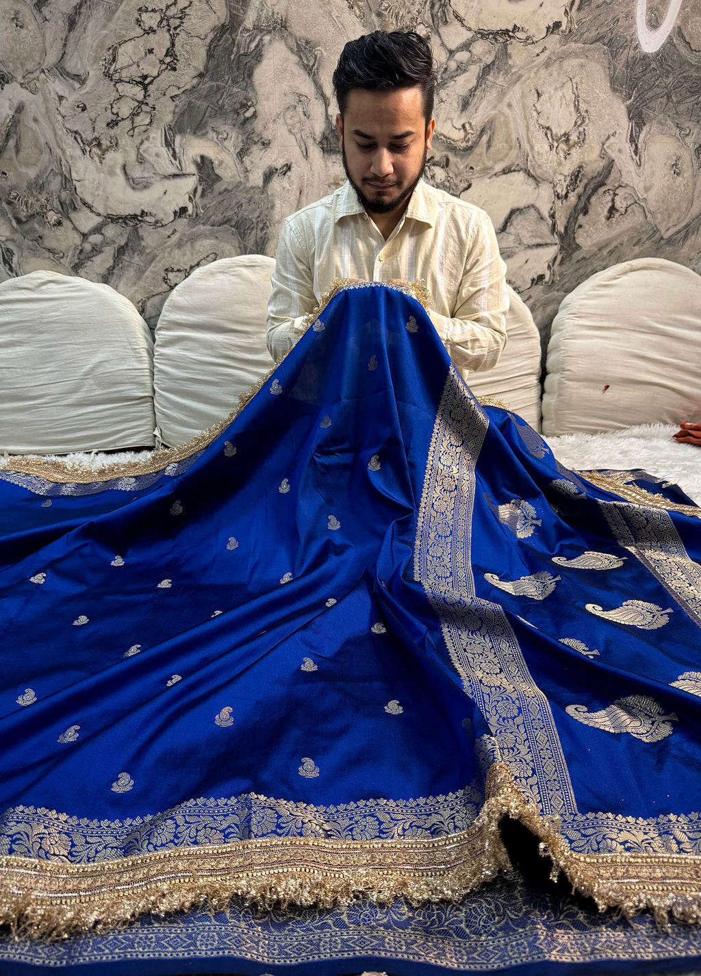 PREMIUM ROYAL BLUE SHADE BANARASI SOFT SILK SAREE WITH LACE ATTACHED
