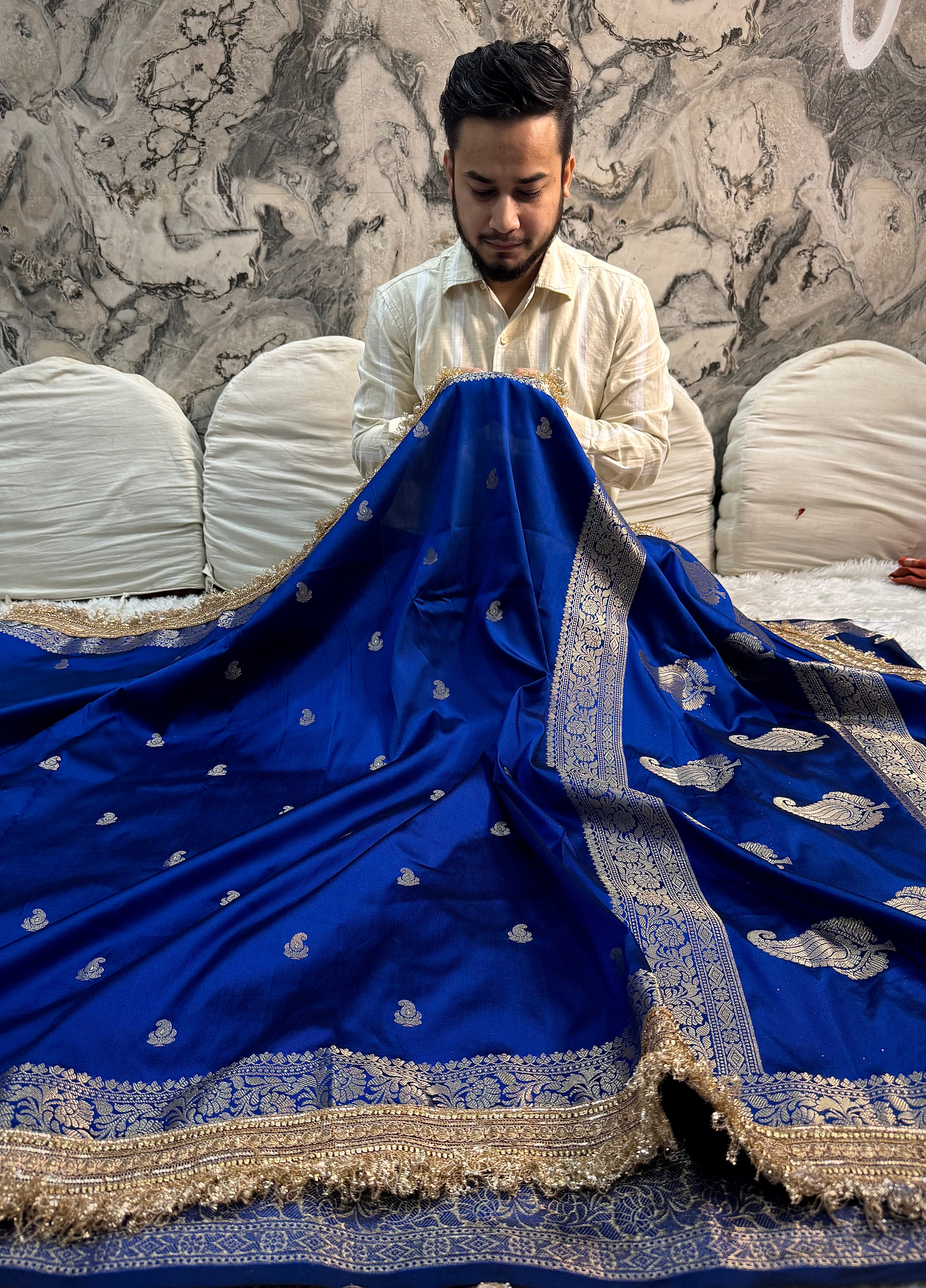 PREMIUM ROYAL BLUE SHADE BANARASI SOFT SILK SAREE WITH LACE ATTACHED
