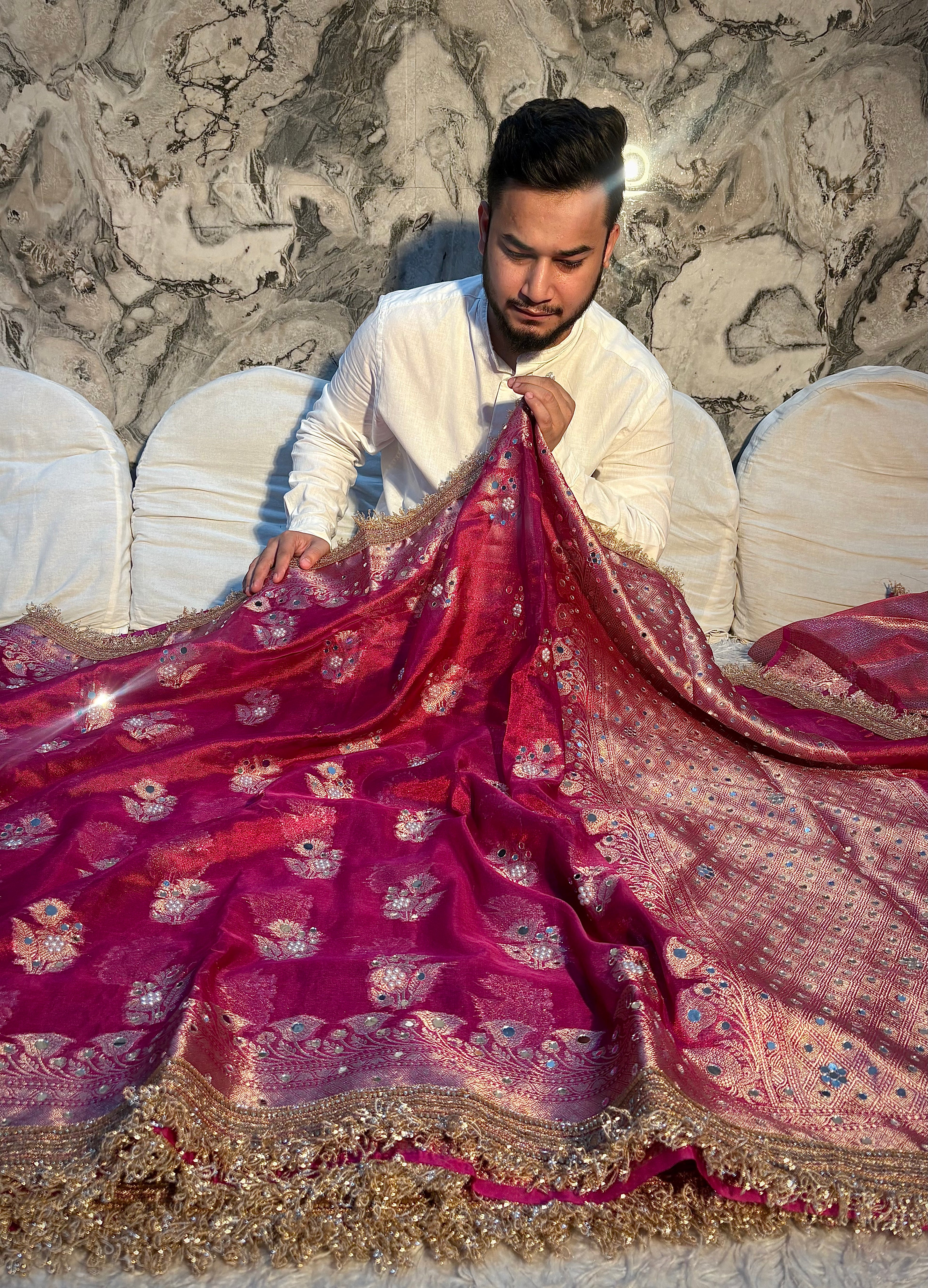 EXCLUSIVE RANI SHADE SOFT TISSUE SILK WITH BOOTI DESIGN MIRROR WORK DESIGNER SAREE