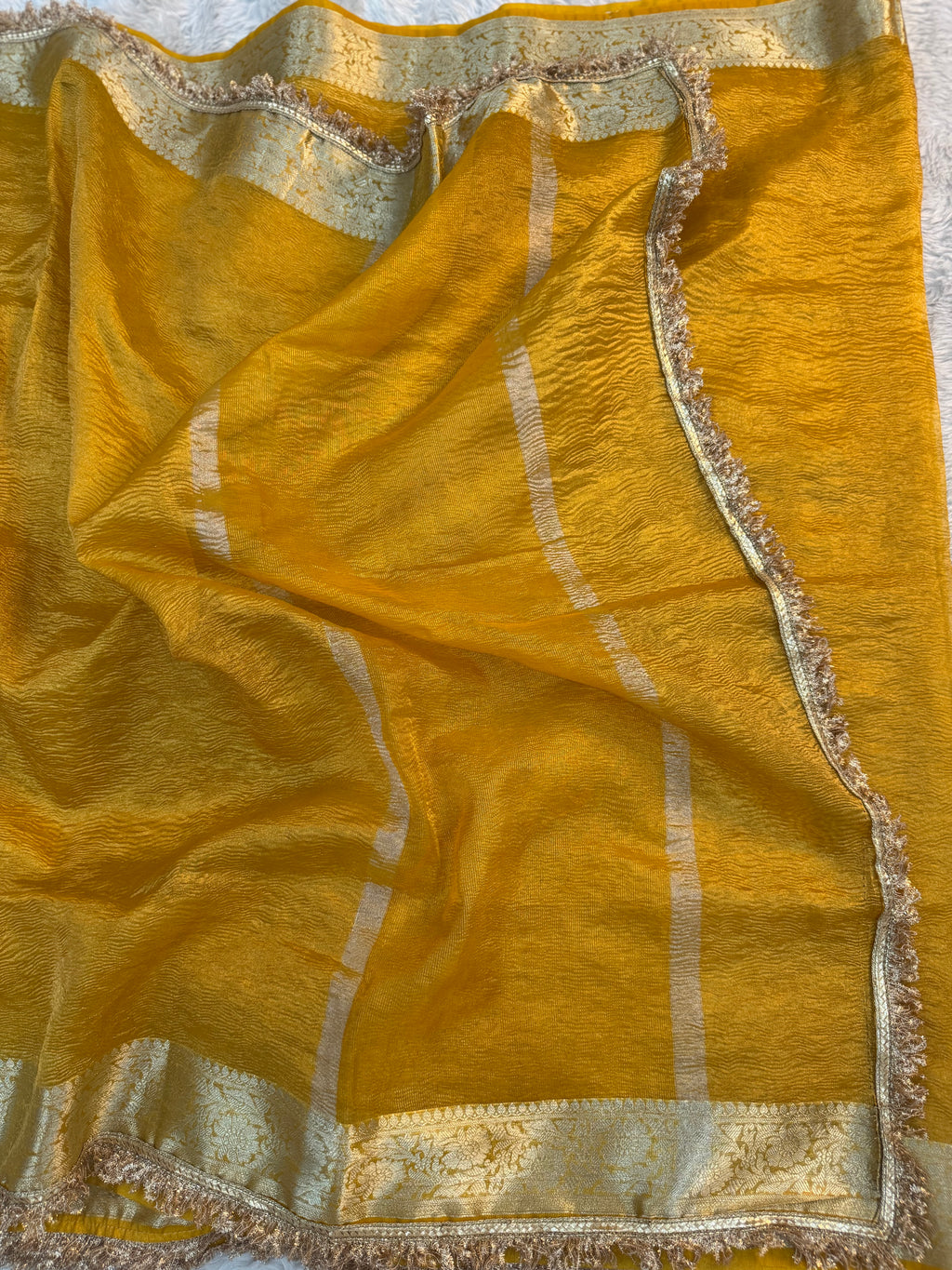 PREMIUM YELLOW SHADE SOFT CRUSH TISSUE SILK SAREE WITH LACE ATTACHED