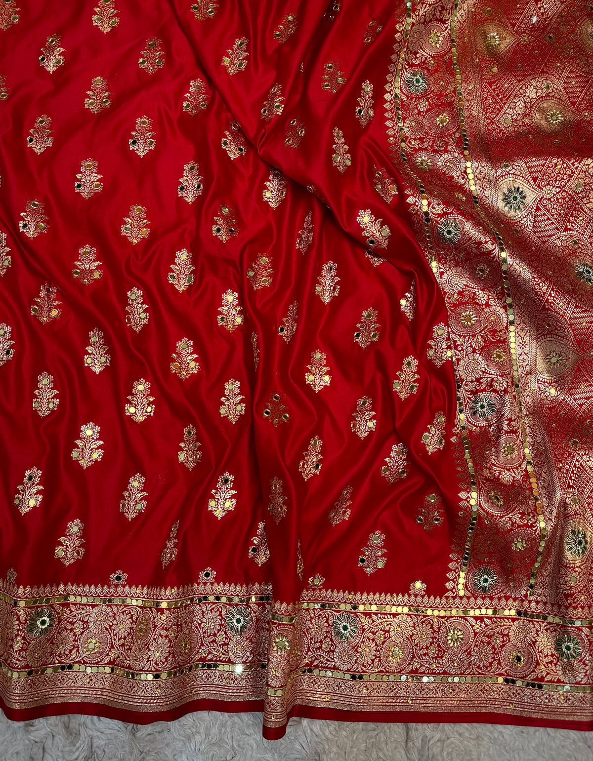 BRIDAL RED SHADE BANARASI MASHRU SATIN SILK SAREE WITH ZARDOZI WORK