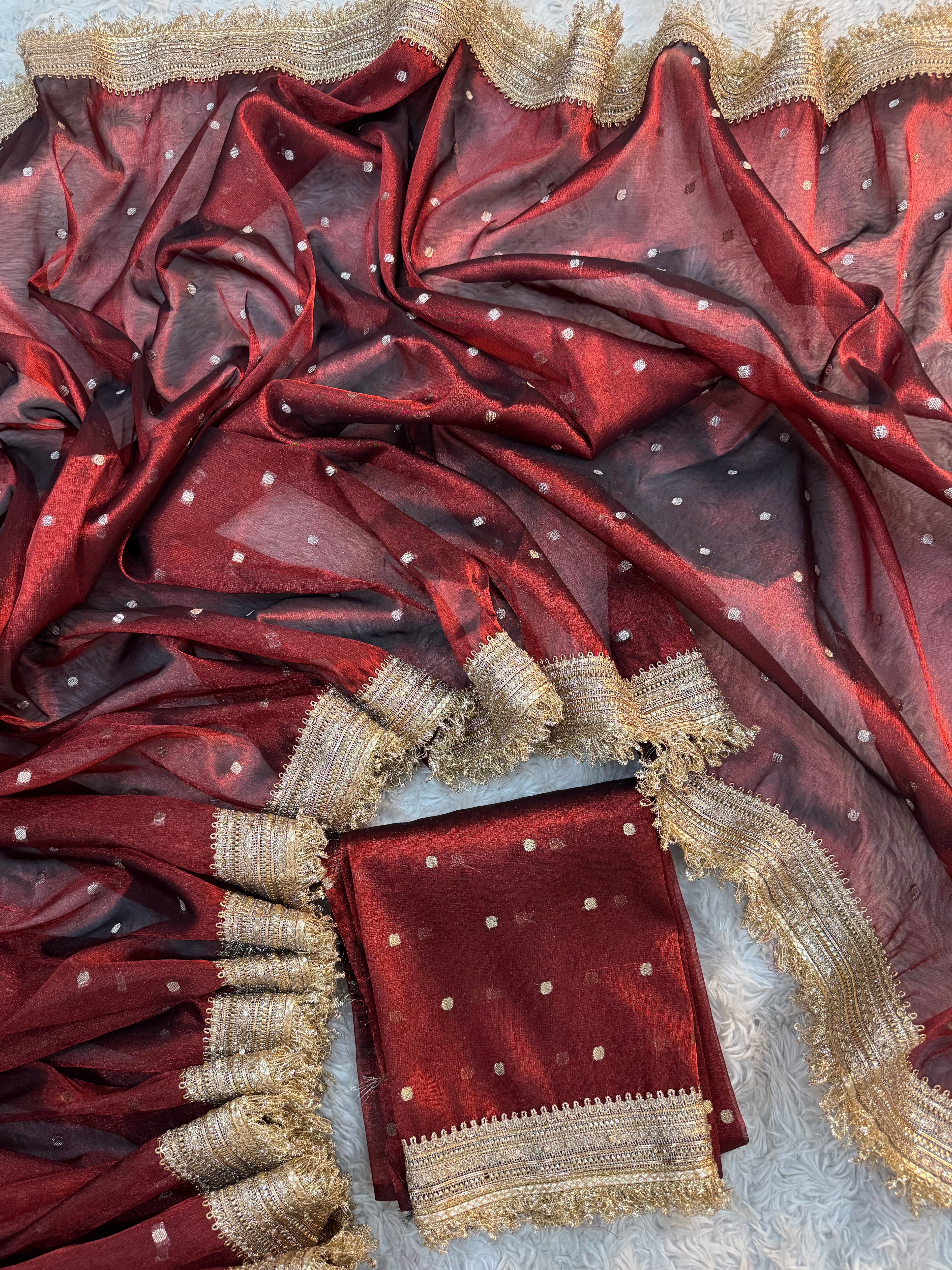 PREMIUM MAROON SHADE DESIGNER TISSUE SILK BOOTI SAREE WITH LACE ATTACHED