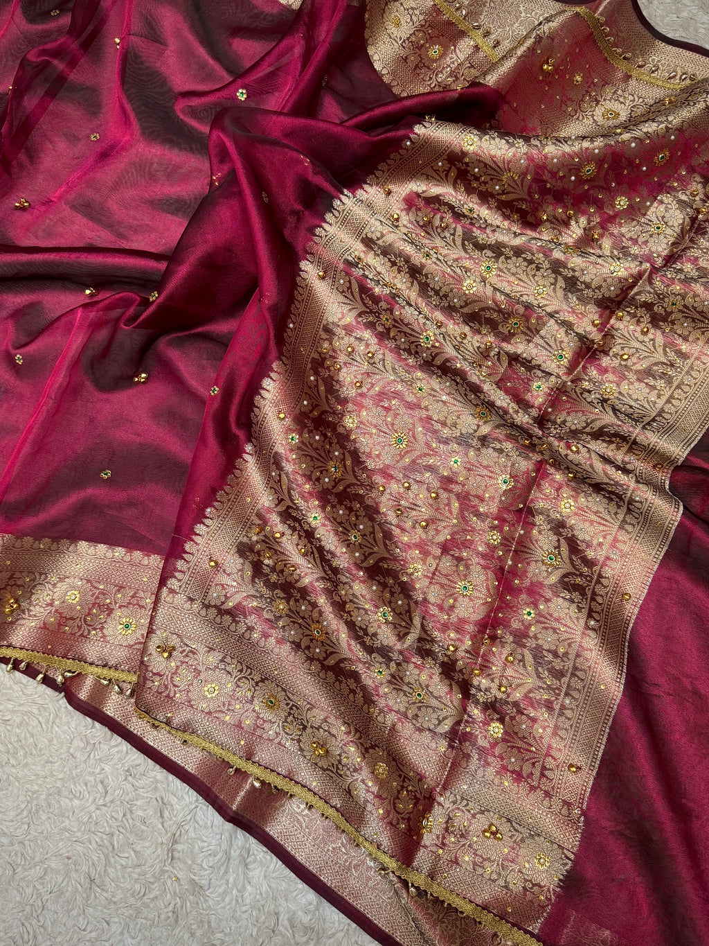 PREMIUM WINE SHADE GHUNGROO WORK SOFT BANARASI TISSUE SILK DESIGNER SAREE
