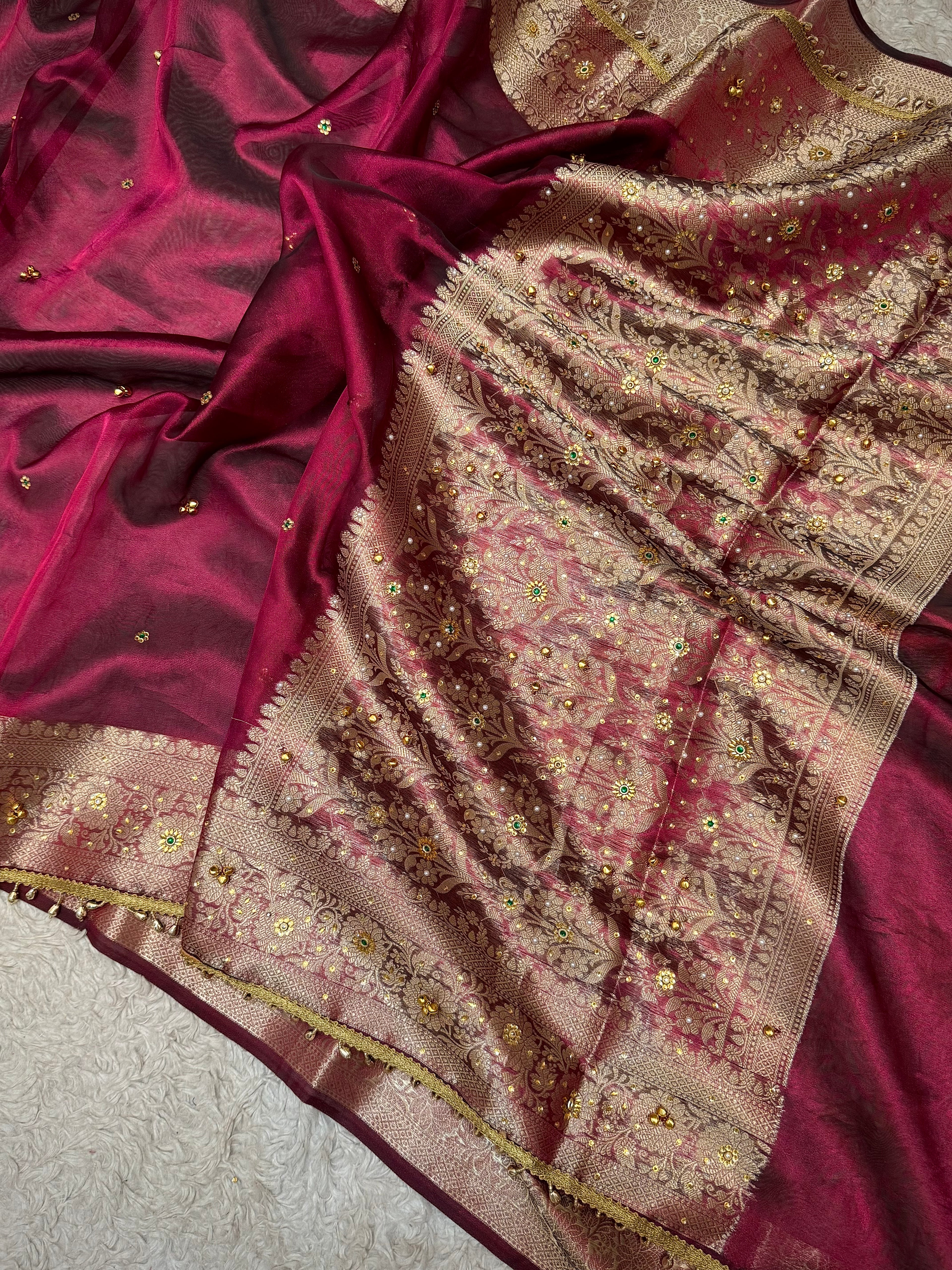 PREMIUM WINE SHADE GHUNGROO WORK SOFT BANARASI TISSUE SILK DESIGNER SAREE