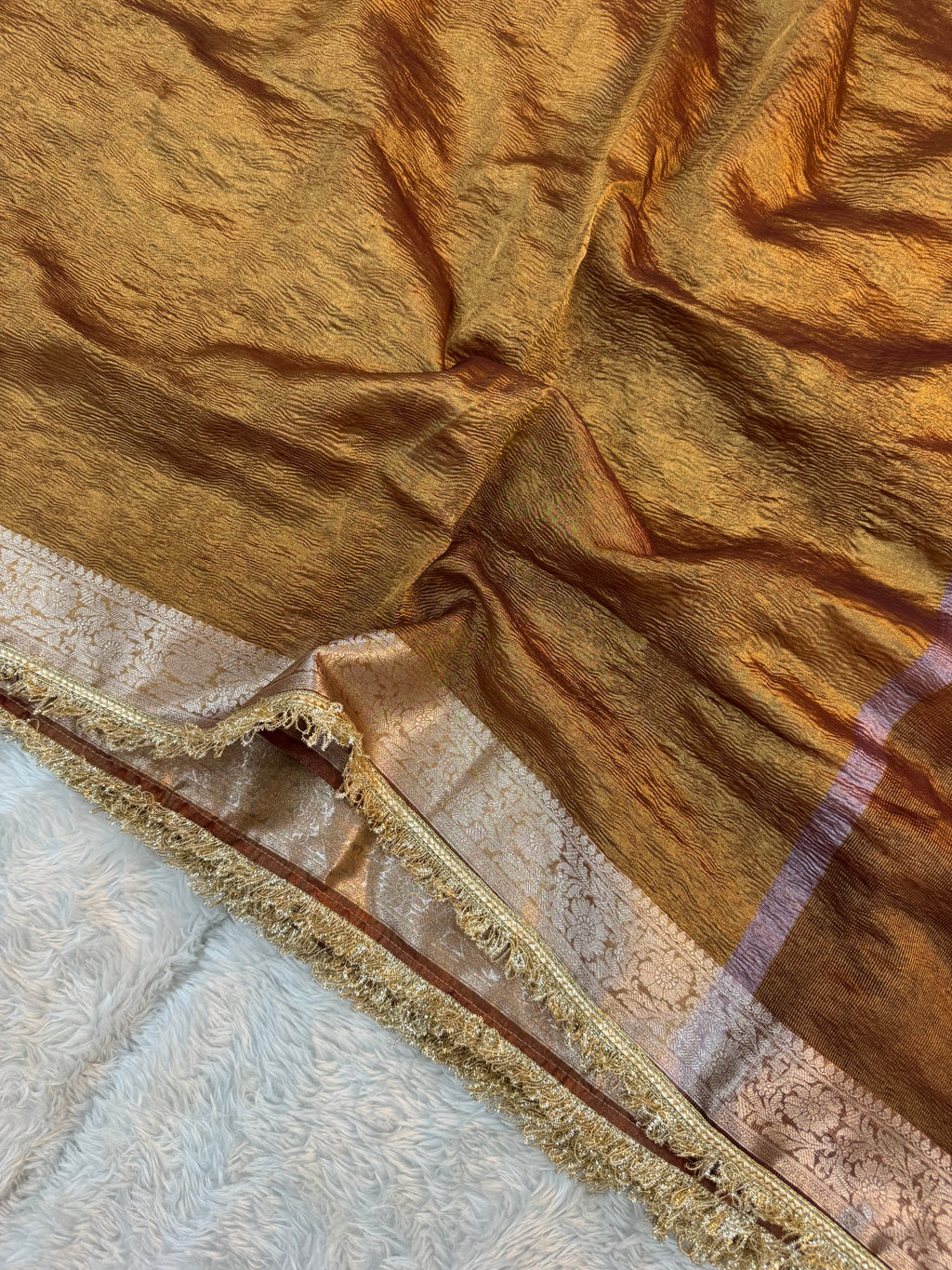 PREMIUM CHOCOLATEY SHADE SOFT CRUSH TISSUE SILK SAREE WITH LACE ATTACHED