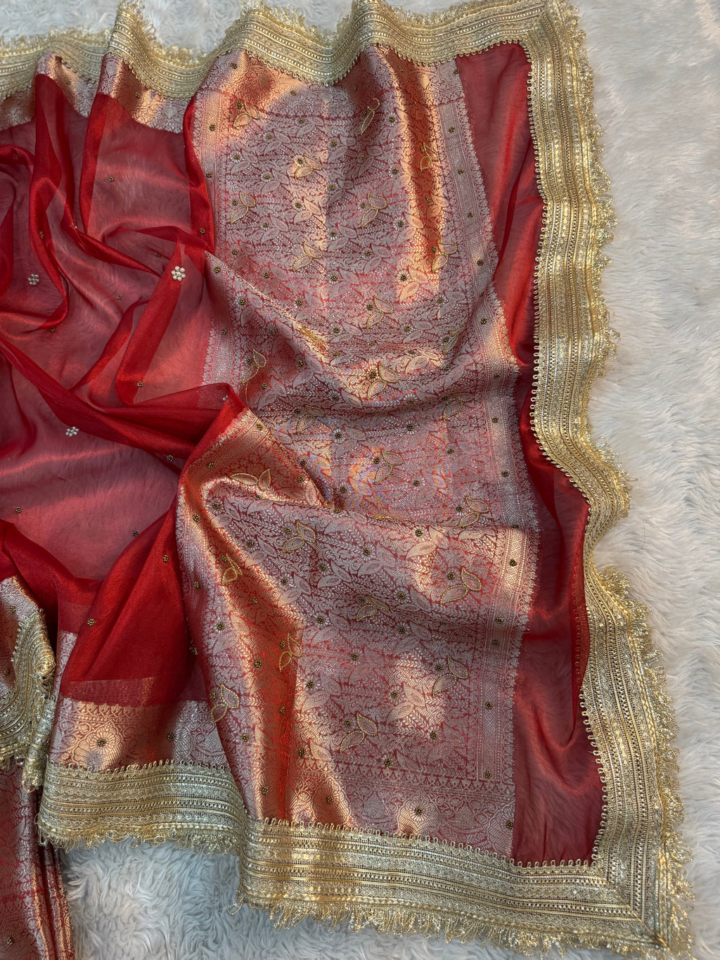 LUXURIOUS BRIDAL RED SHADE SOFT TISSUE SILK WITH PREMIUM HAND EMBROIDERY AND LACE WORK