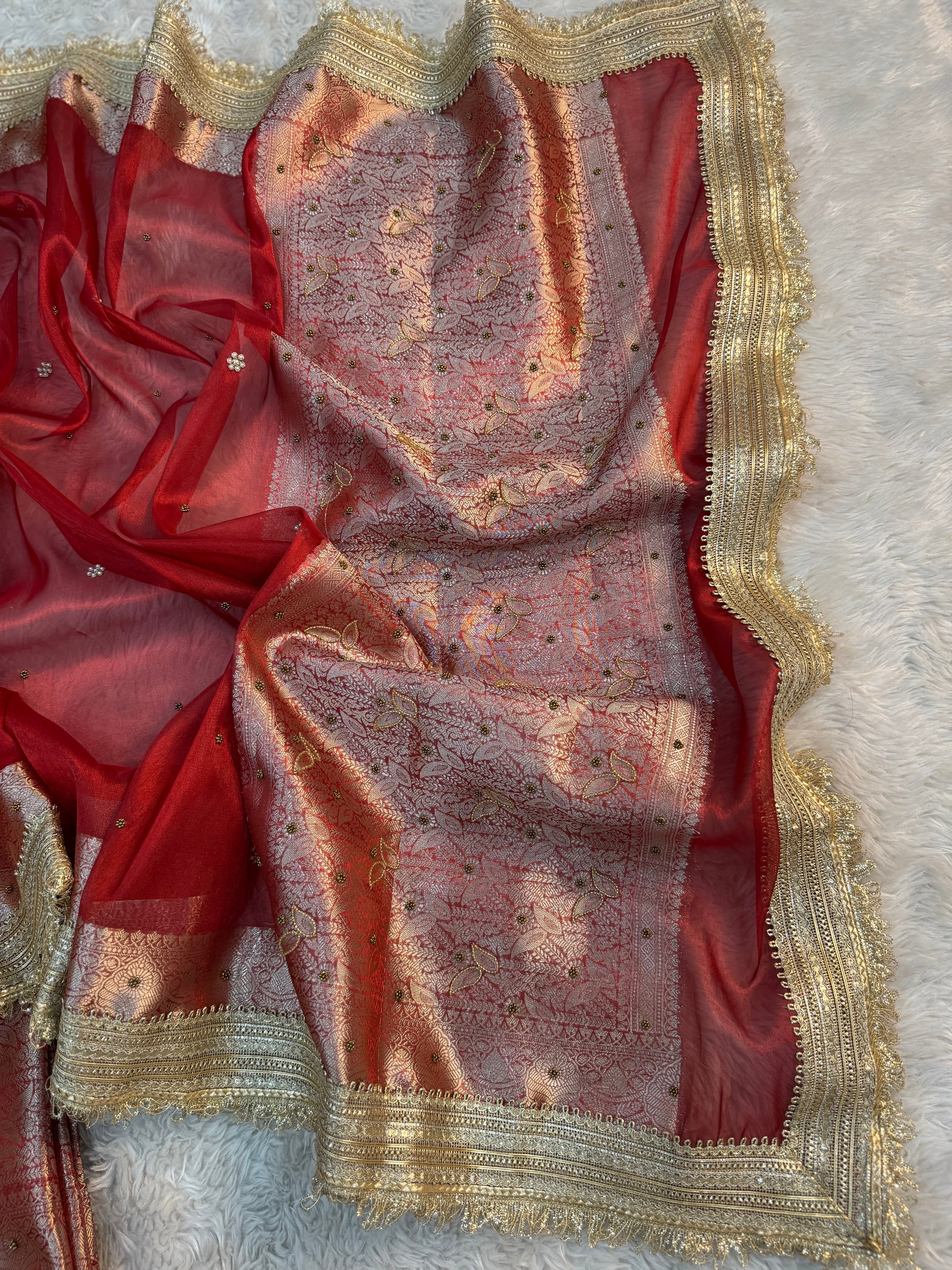 LUXURIOUS BRIDAL RED SHADE SOFT TISSUE SILK WITH PREMIUM HAND EMBROIDERY AND LACE WORK