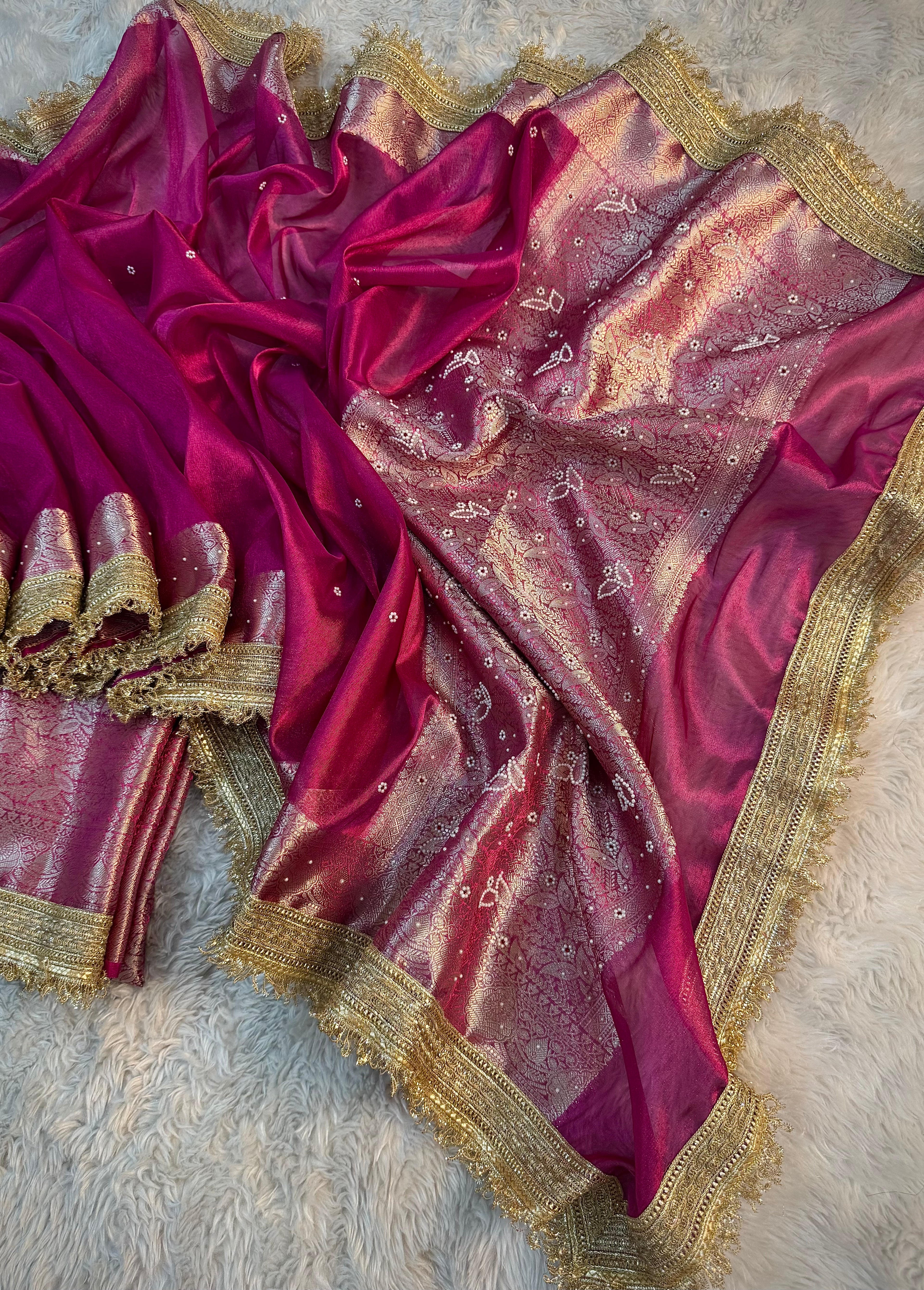 LUXURIOUS RANI SHADE SOFT TISSUE SILK SAREE HAND STONE WORK WITH LACE ATTACHED
