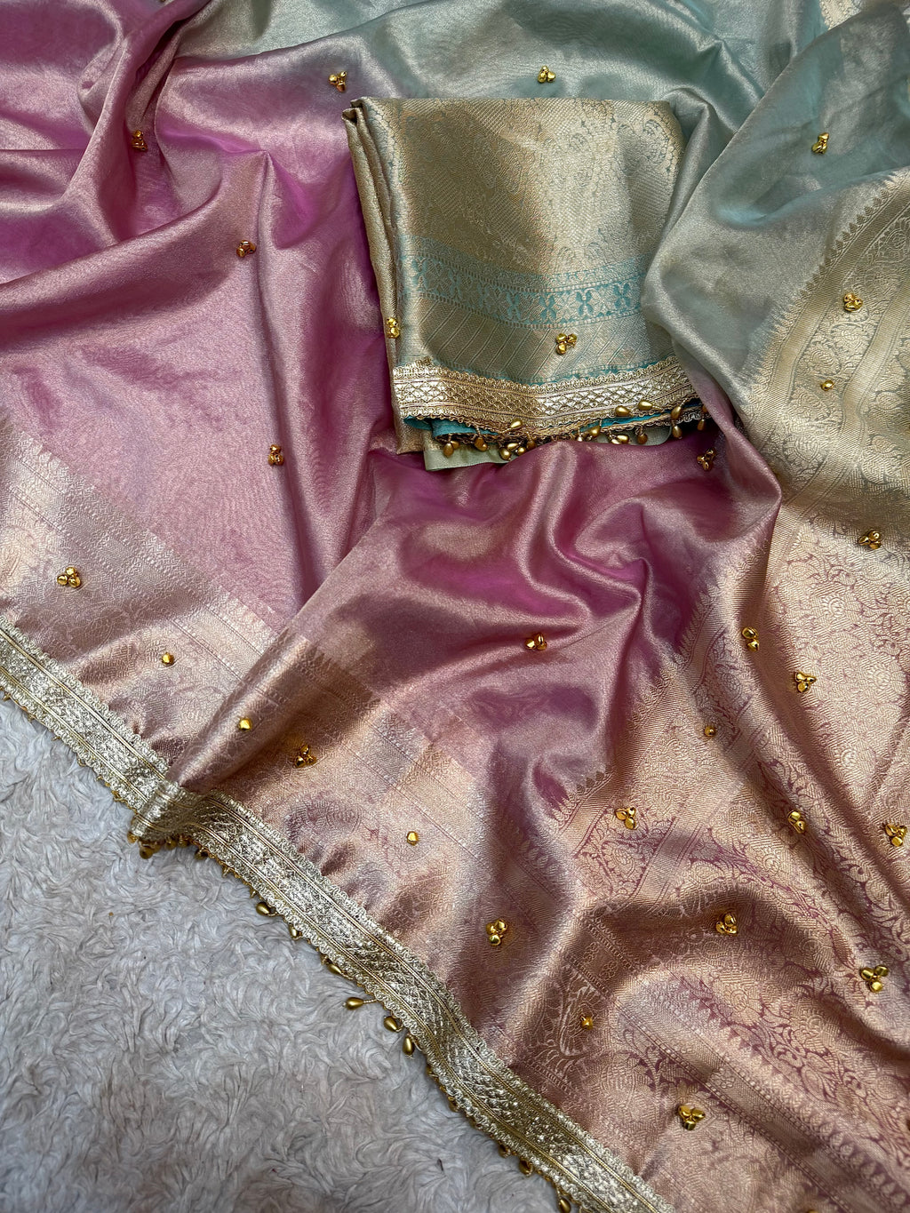 PREMIUM BABY PINK & SKY BLUE SOFT BANARASI TISSUE SILK GHUNGROO WORKS SAREE
