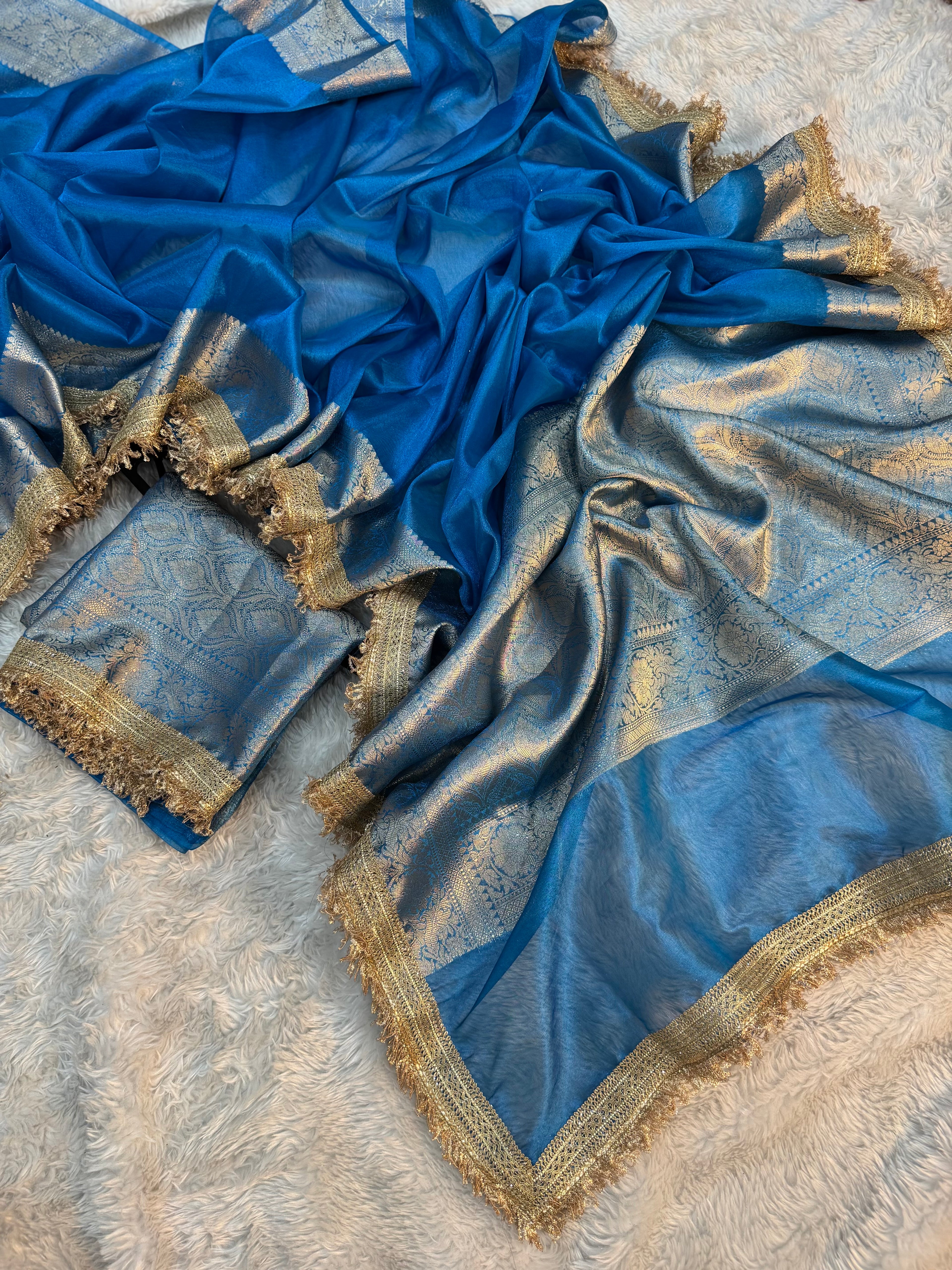 PREMIUM BLUE SHADE SOFT TISSUE SILK SAREE WITH LACE ATTACHED