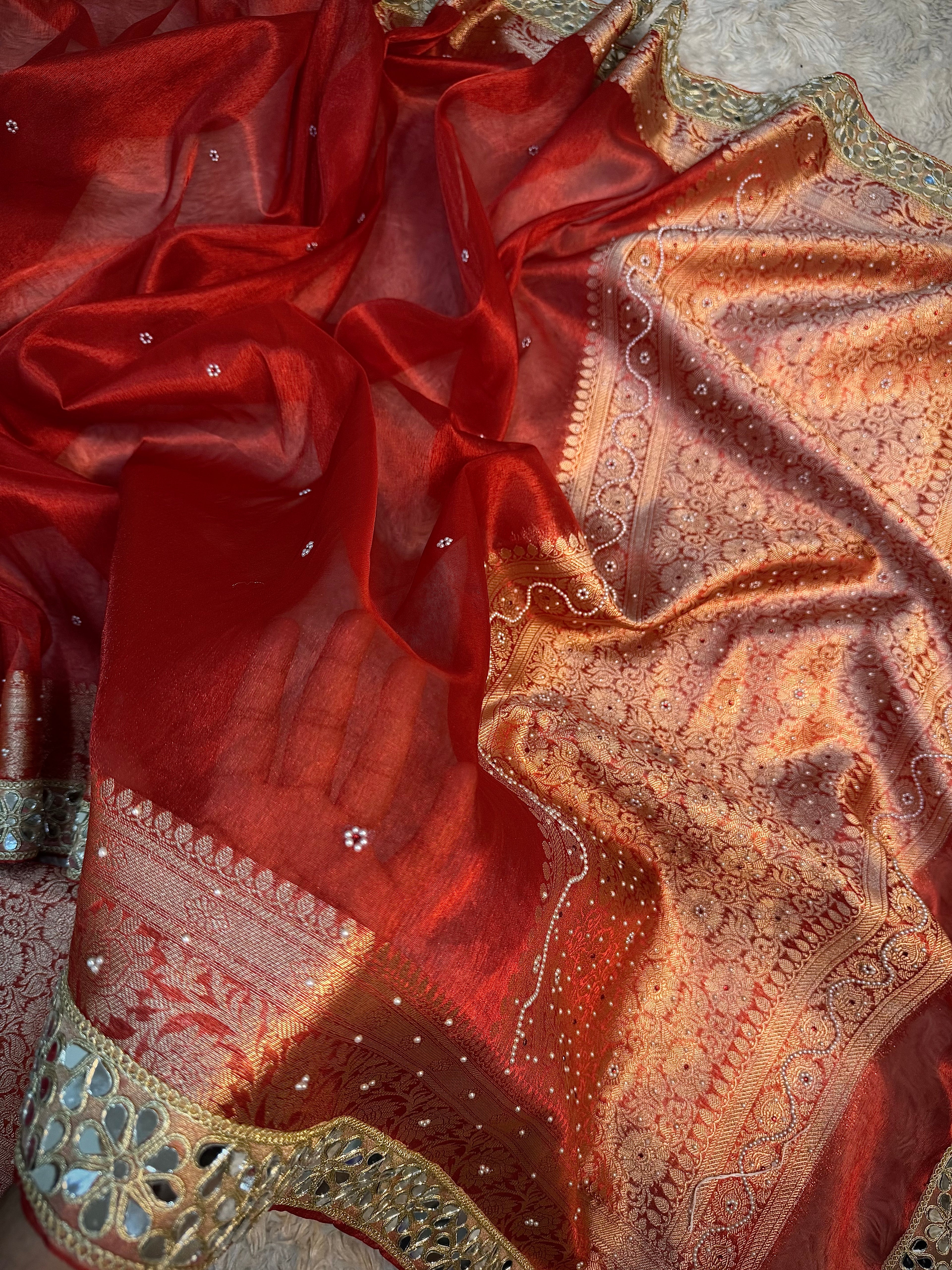 STONE WORK+MIRROR WORK BRIDAL RED SOFT TISSUE SILK DESIGNER SAREE