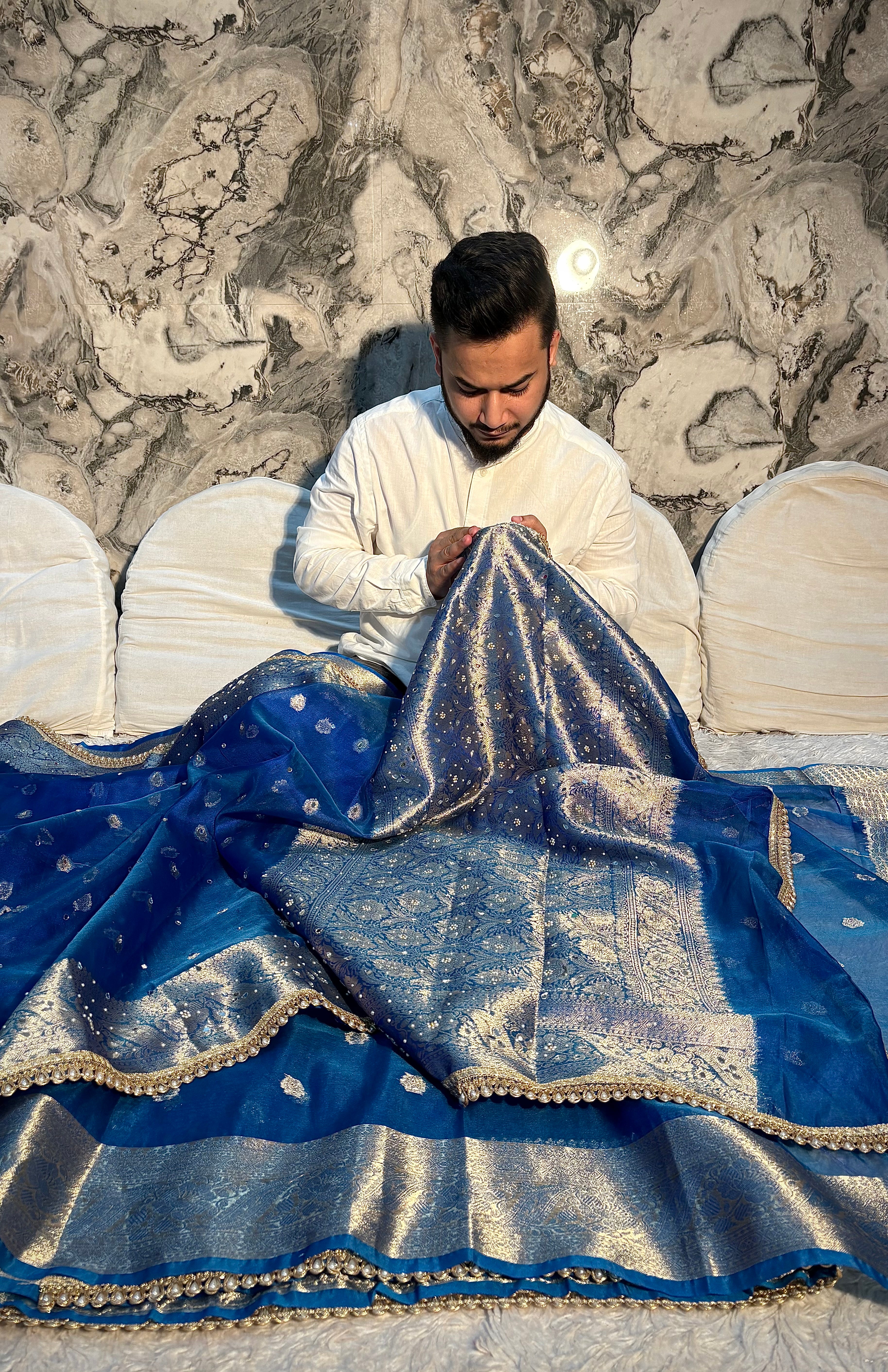 PREMIUM ROYAL BLUE SHADE BANARASI SOFT TISSUE SILK WITH MIRROR WORK DESIGNER SAREE