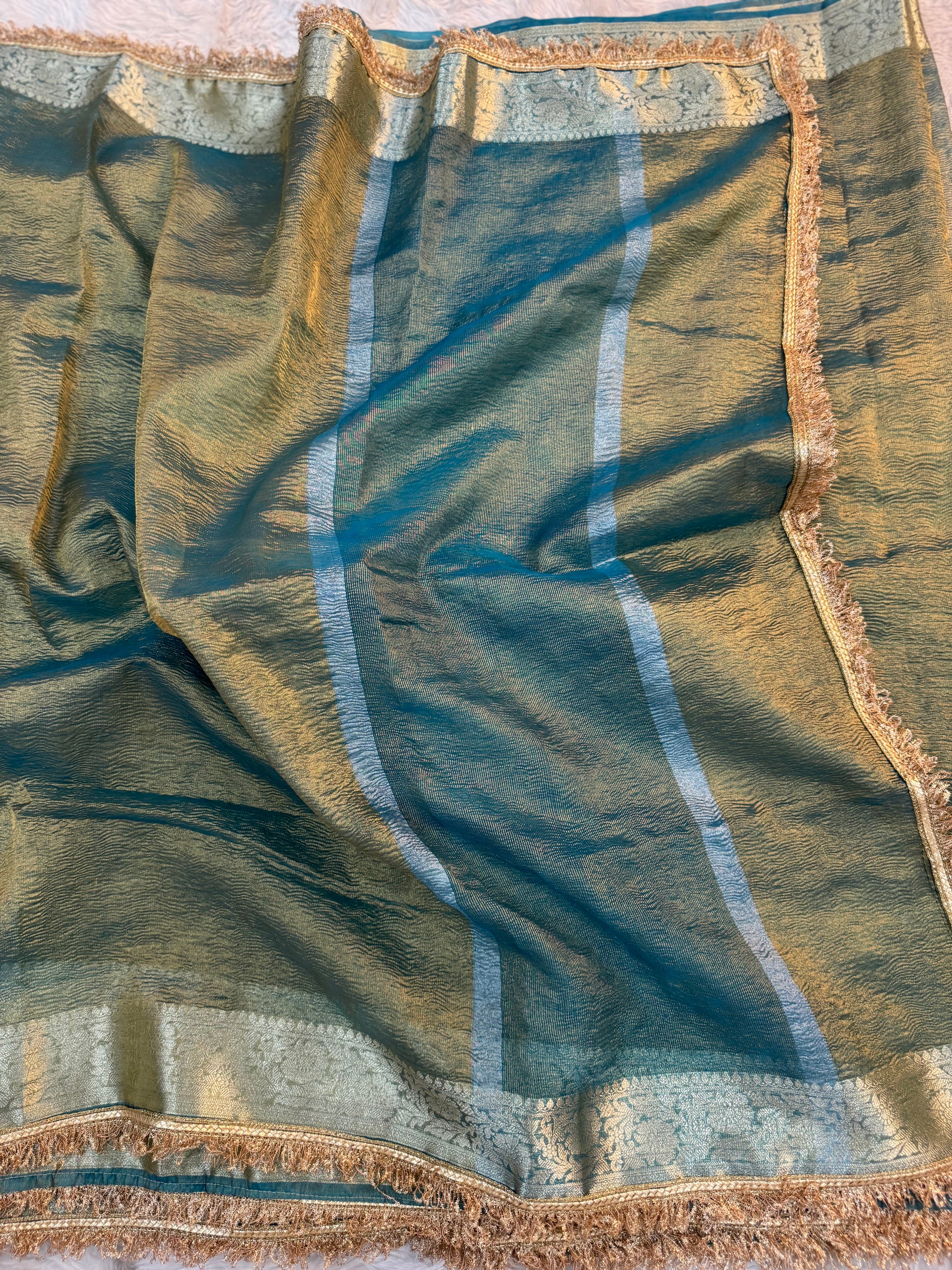 PREMIUM AQUA BLUE SHADE SOFT CRUSH TISSUE SILK SAREE WITH LACE ATTACHED