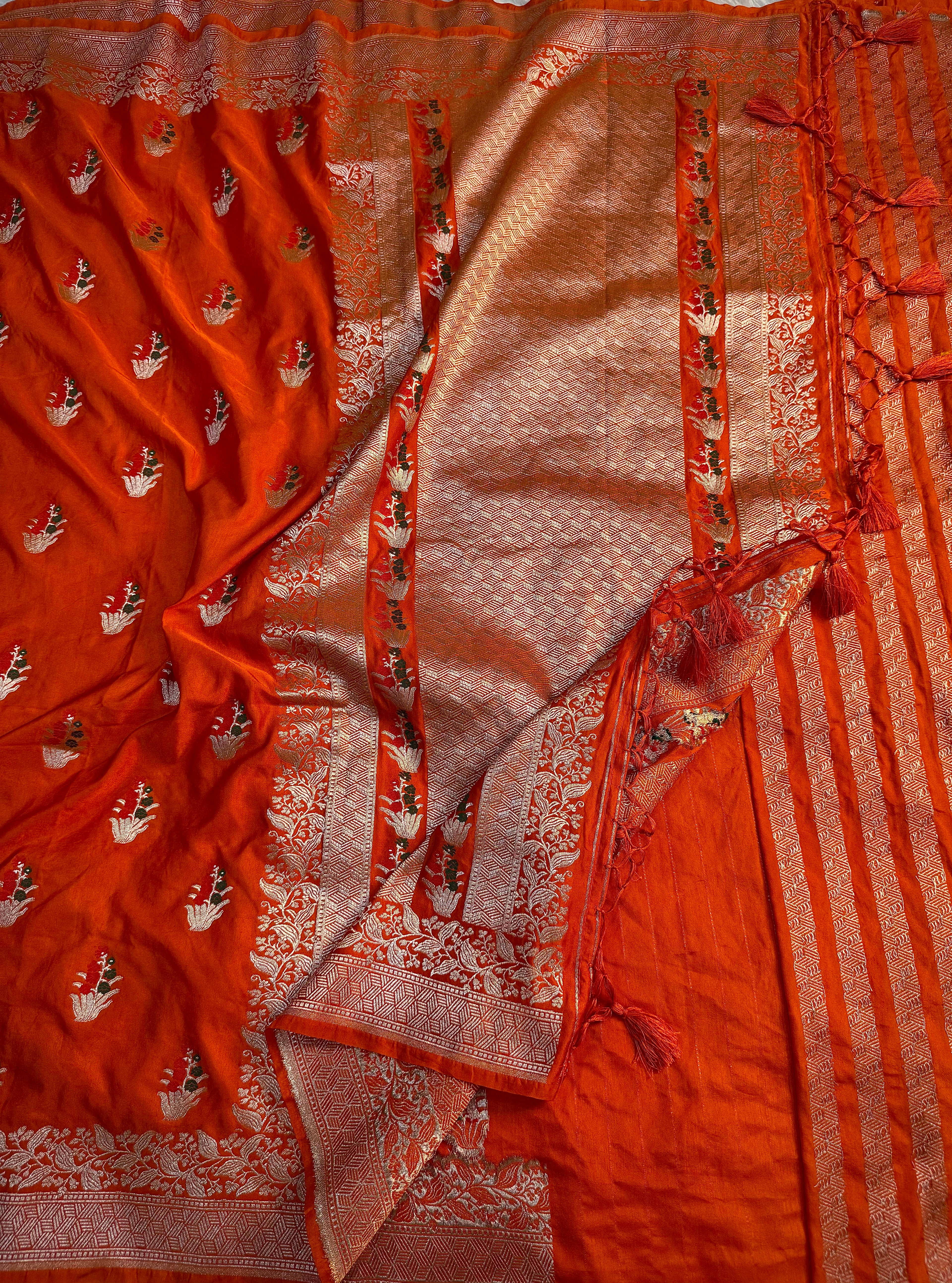 PREMIUM ORANGE SHADE SATIN MASHRU KATAN SILK SAREE