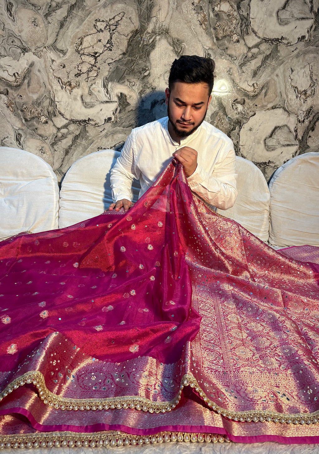 PREMIUM RANI SHADE BANARASI SOFT TISSUE SILK WITH MIRROR WORK DESIGNER SAREE