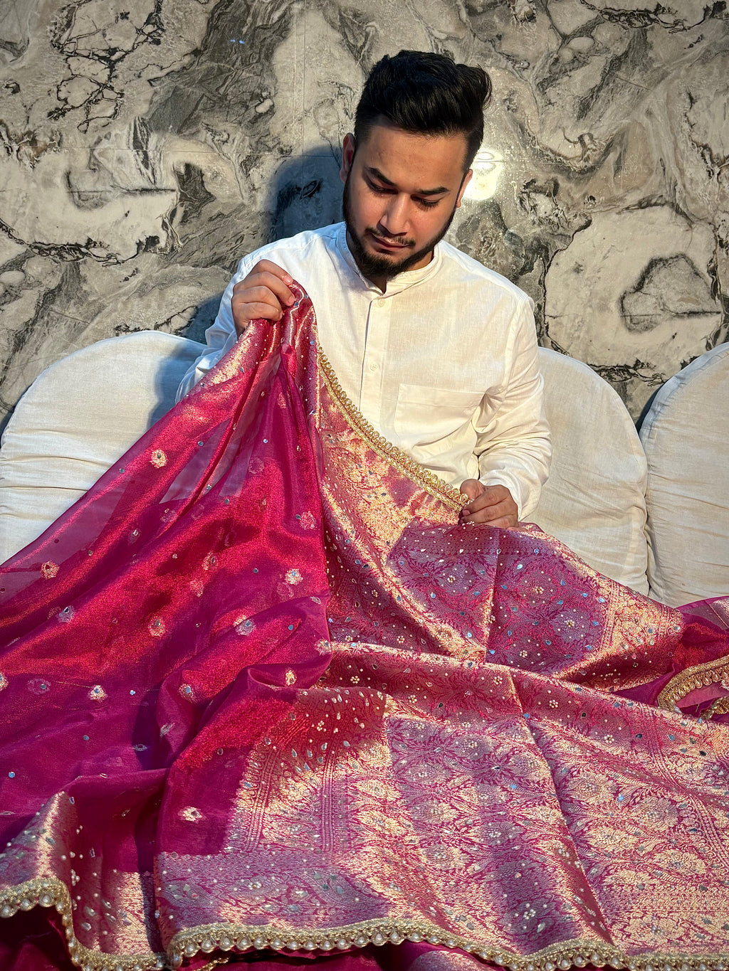 PREMIUM RANI SHADE BANARASI SOFT TISSUE SILK WITH MIRROR WORK DESIGNER SAREE