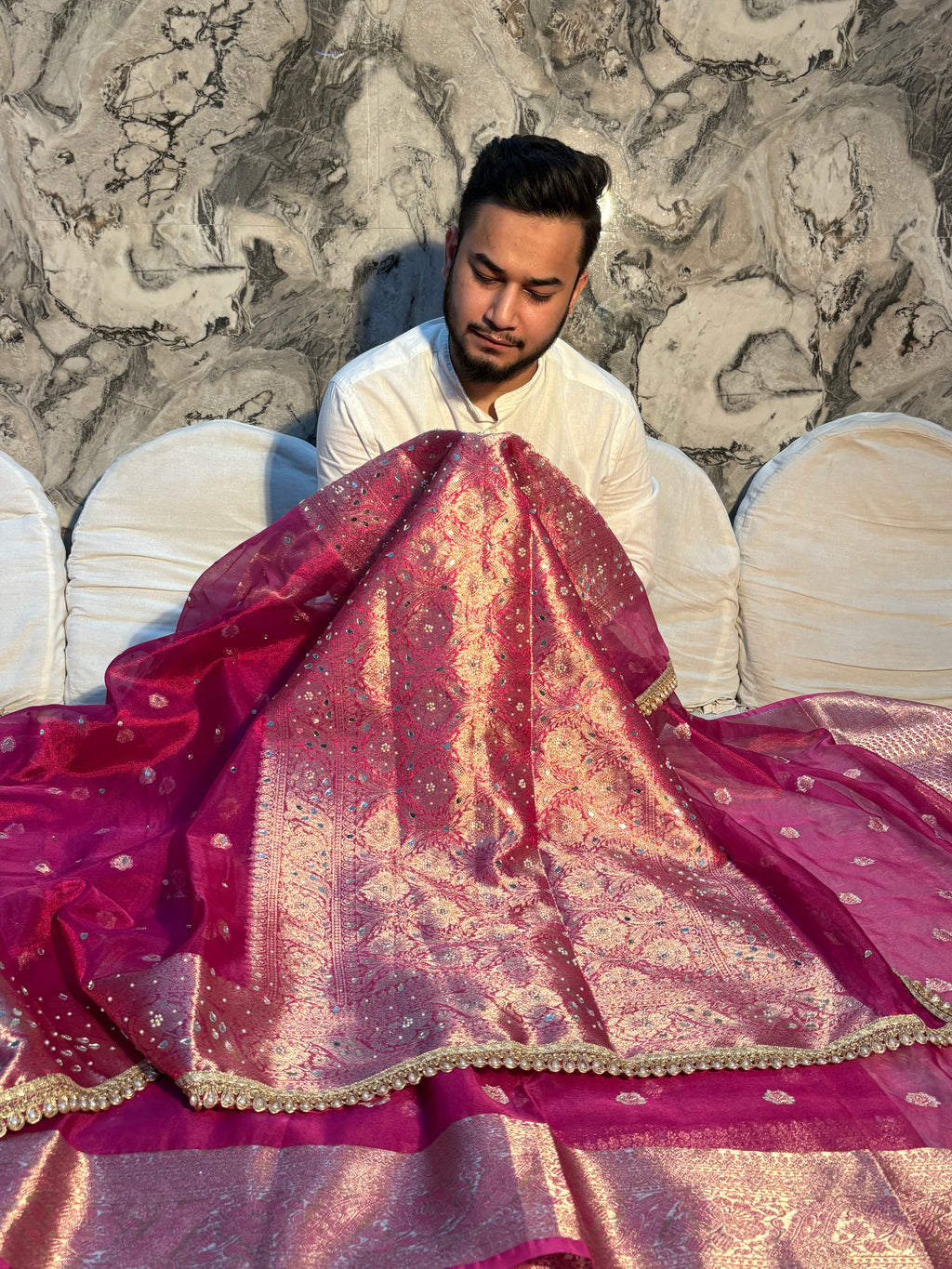 PREMIUM RANI SHADE BANARASI SOFT TISSUE SILK WITH MIRROR WORK DESIGNER SAREE
