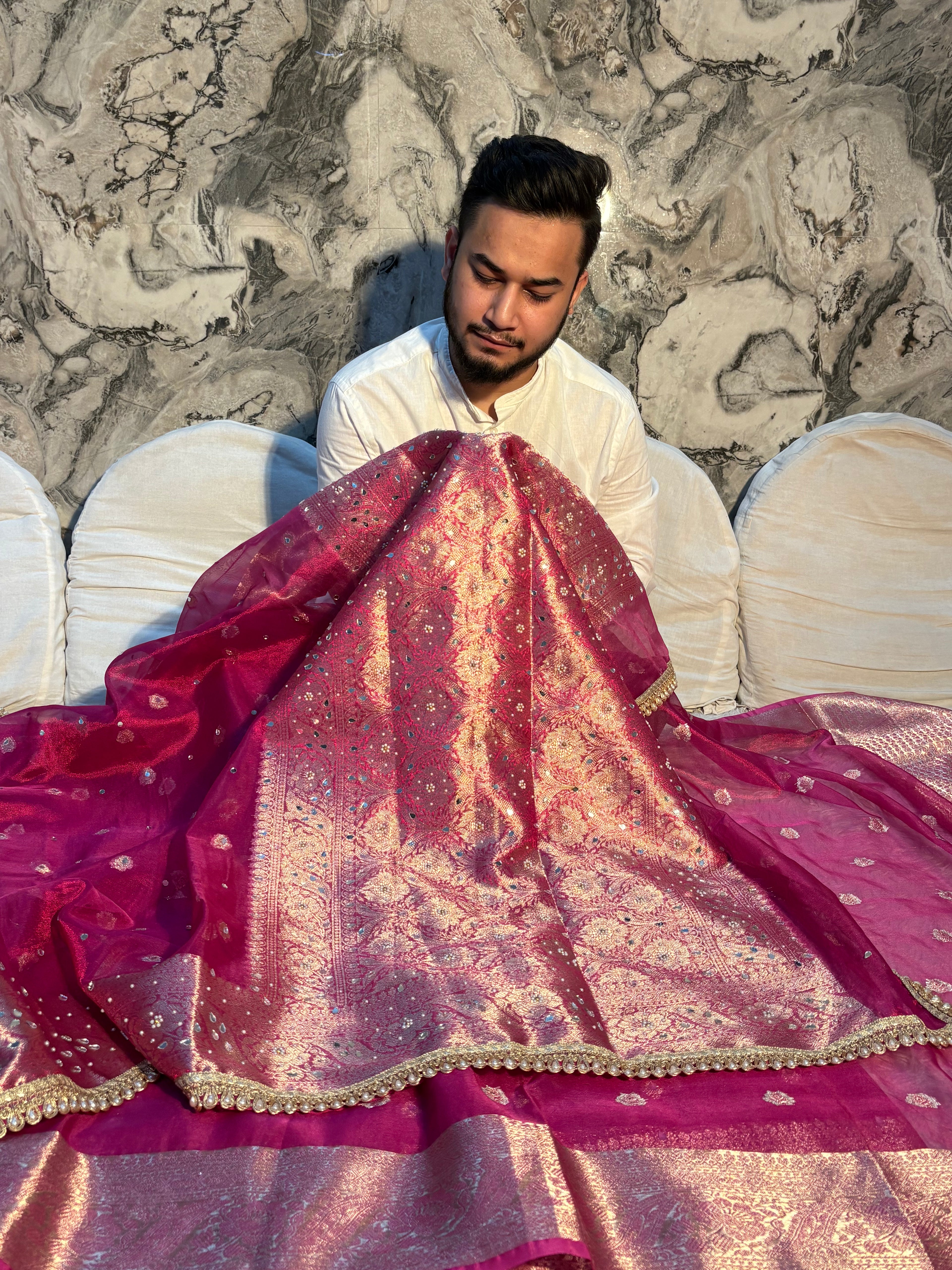 PREMIUM RANI SHADE BANARASI SOFT TISSUE SILK WITH MIRROR WORK DESIGNER SAREE