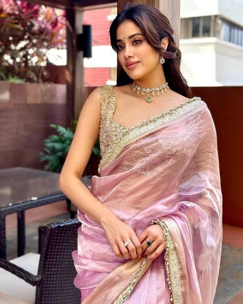 JANHVI KAPOOR INSPIRED BABY PINK DESIGNER TISSUE SILK SAREE