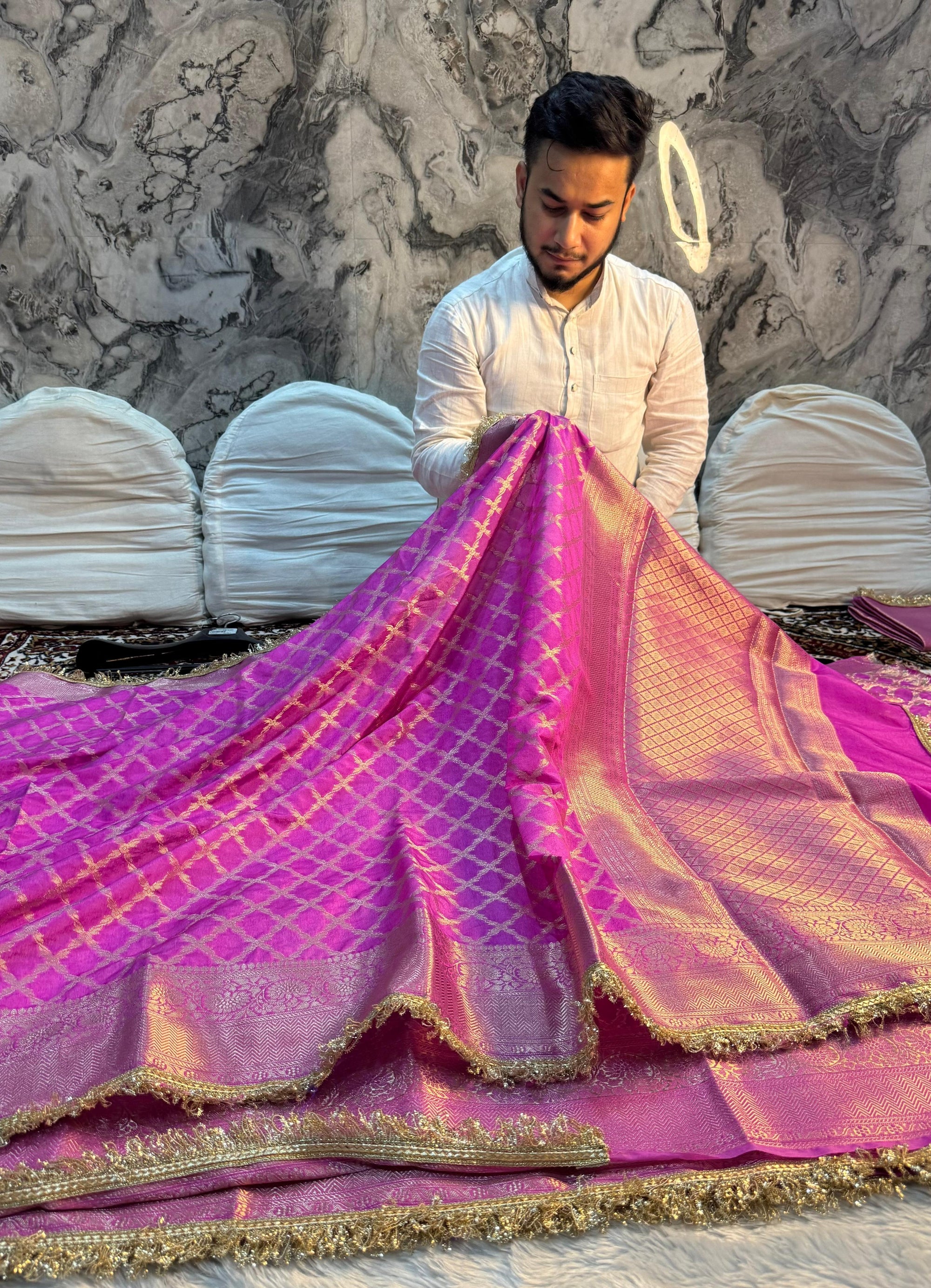 LUXURIOS BABY PINK GEORGETTE KATAN DESIGNER SAREE
