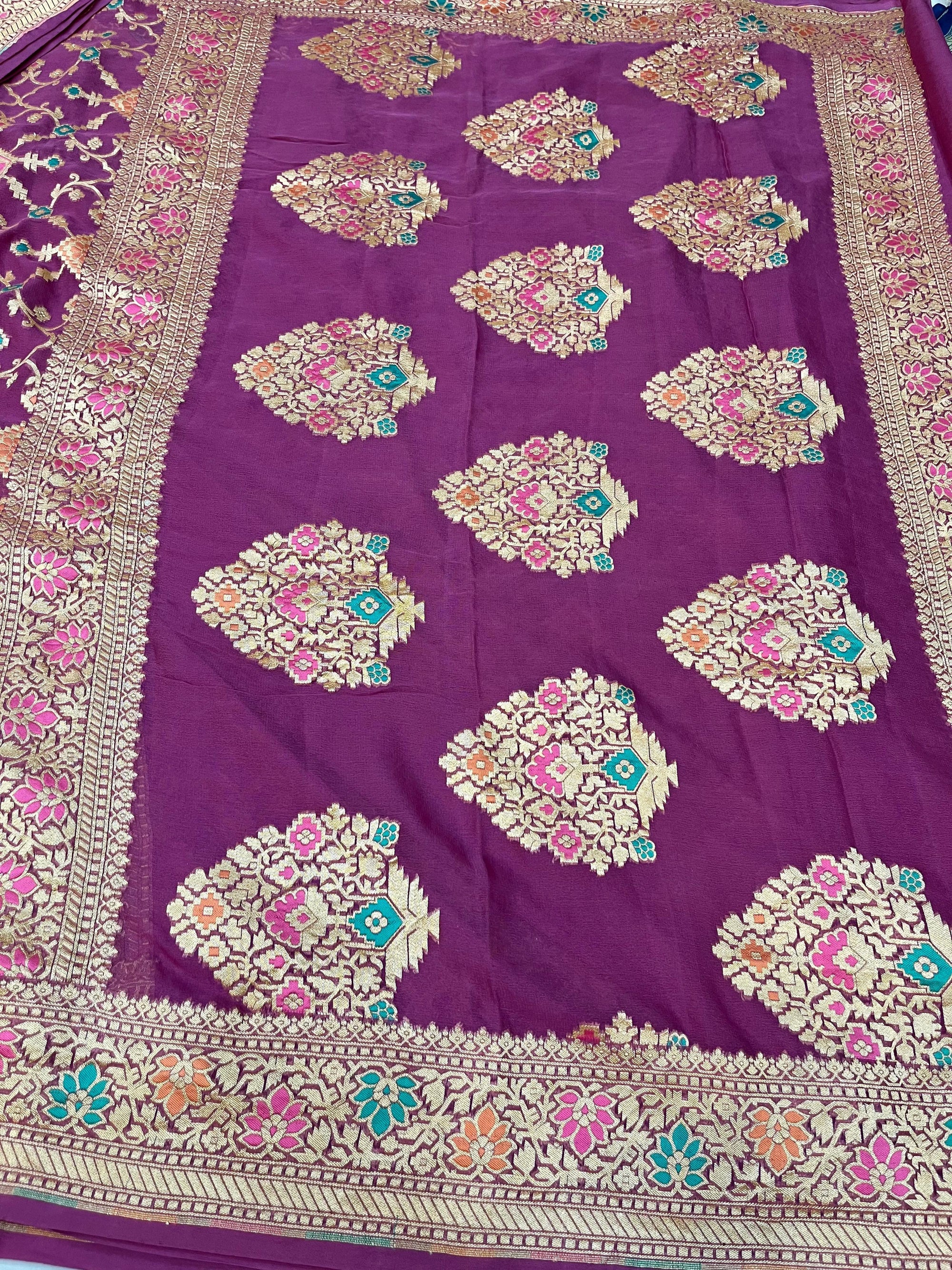 PURPLE PURE KHADDI GEORGETTE SILK SAREE WITH BEAUTIFUL HAND-BRASH