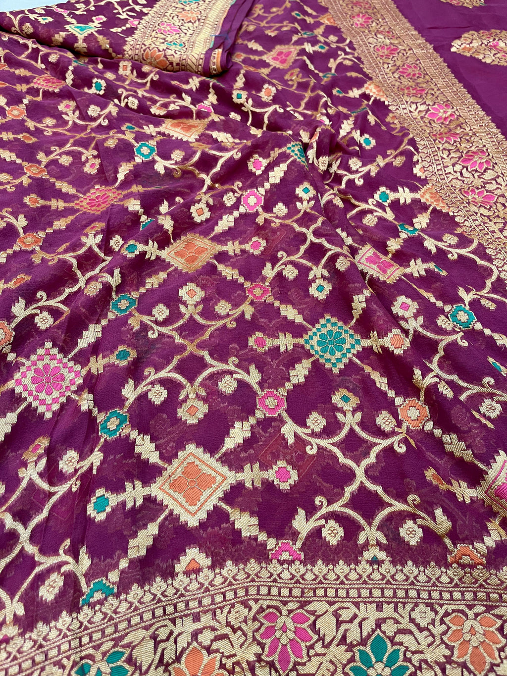 PURPLE PURE KHADDI GEORGETTE SILK SAREE WITH BEAUTIFUL HAND-BRASH