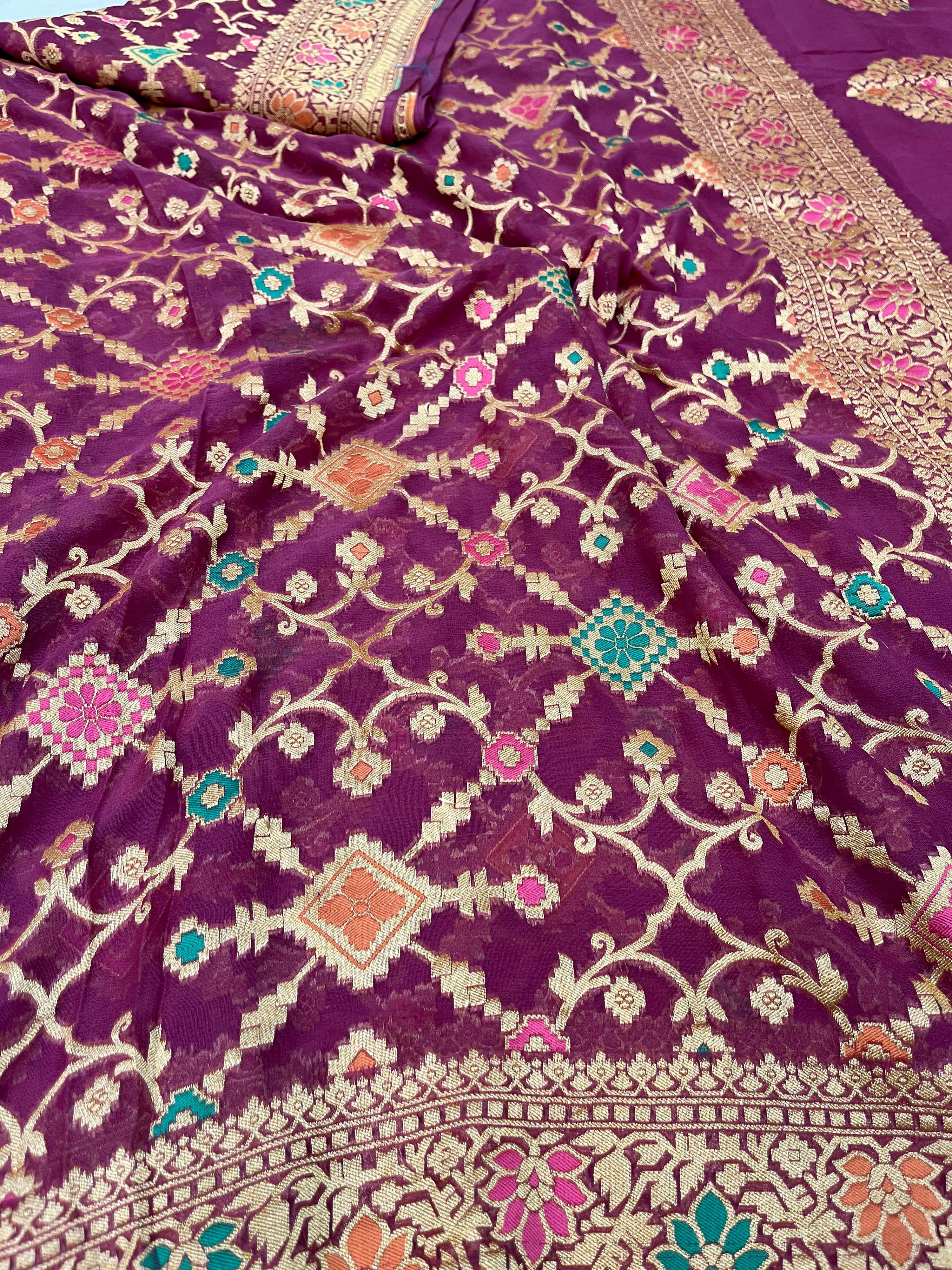 PURPLE PURE KHADDI GEORGETTE SILK SAREE WITH BEAUTIFUL HAND-BRASH