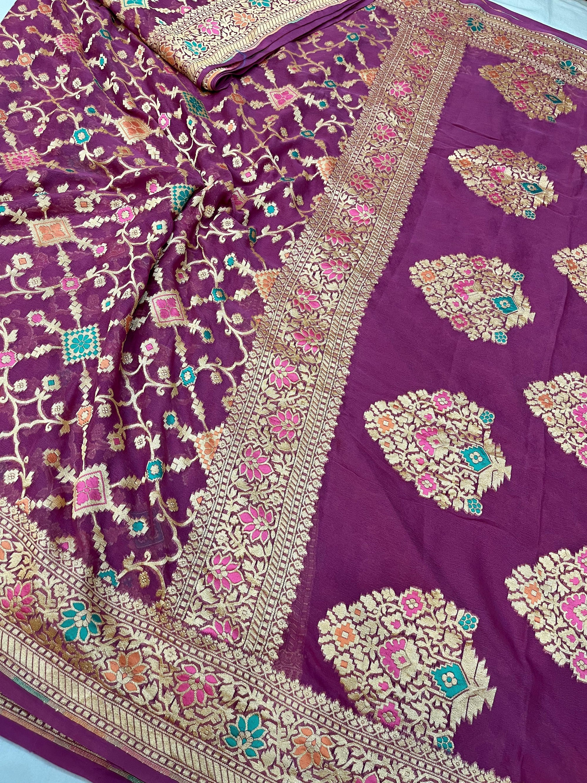 PURPLE PURE KHADDI GEORGETTE SILK SAREE WITH BEAUTIFUL HAND-BRASH
