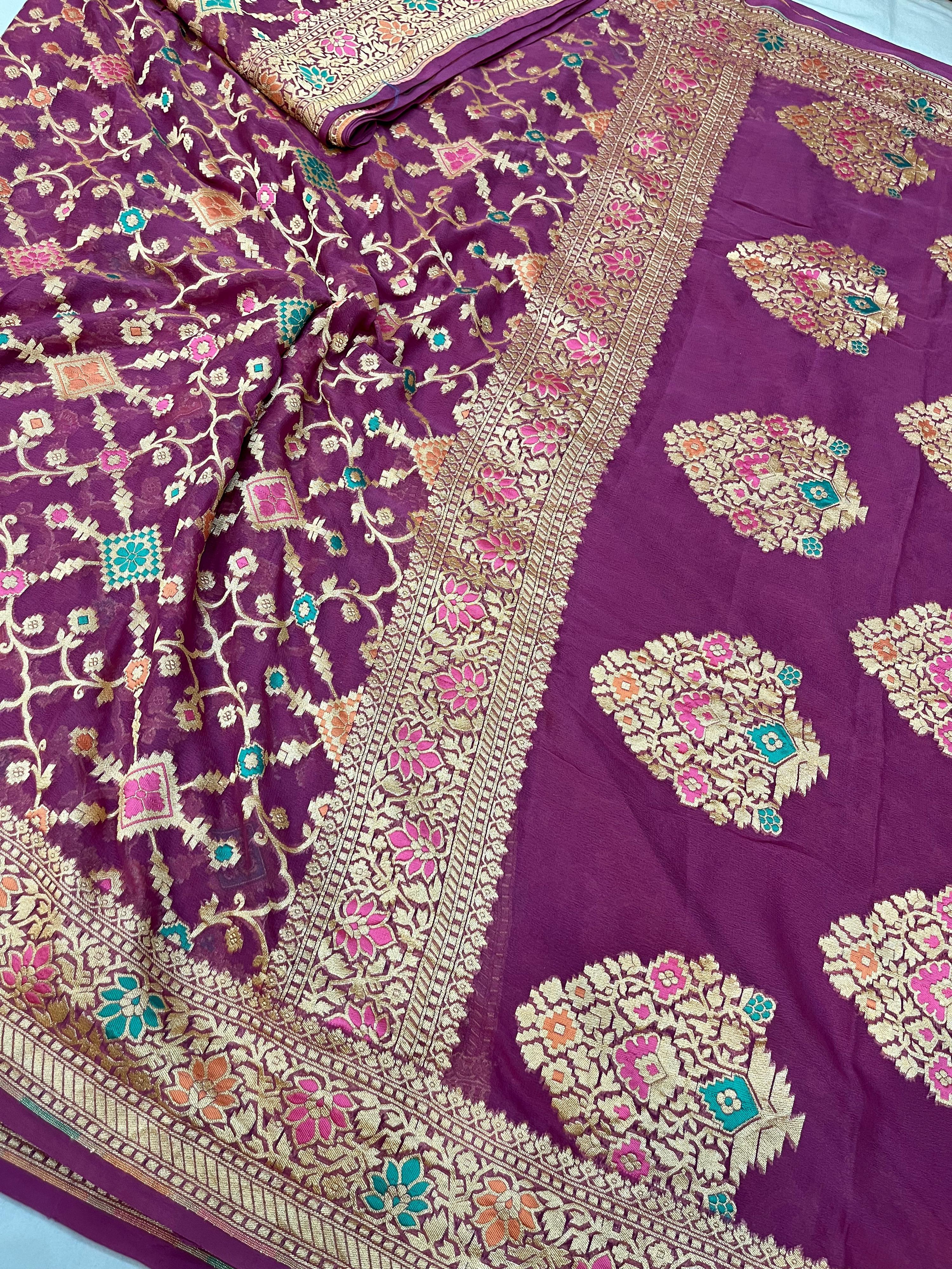 PURPLE PURE KHADDI GEORGETTE SILK SAREE WITH BEAUTIFUL HAND-BRASH
