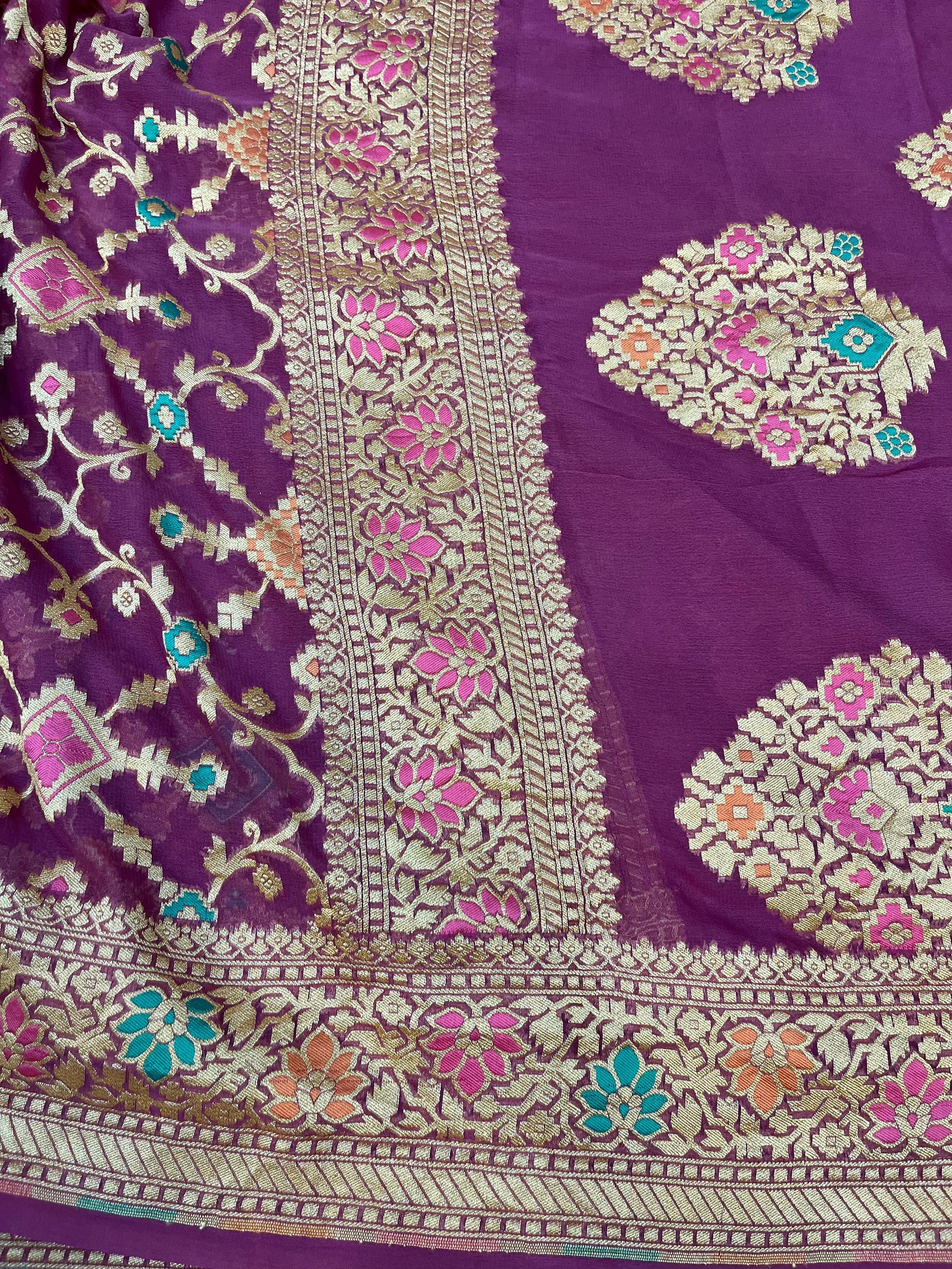 PURPLE PURE KHADDI GEORGETTE SILK SAREE WITH BEAUTIFUL HAND-BRASH