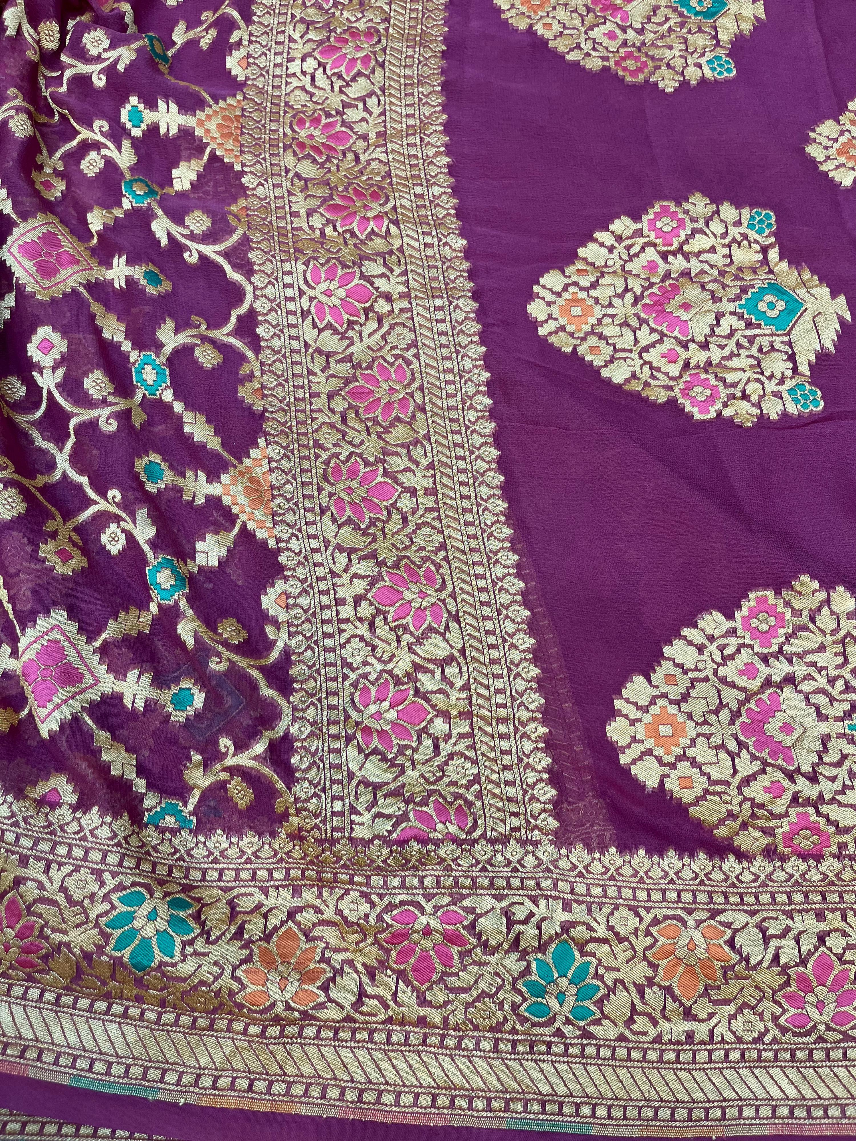 PURPLE PURE KHADDI GEORGETTE SILK SAREE WITH BEAUTIFUL HAND-BRASH