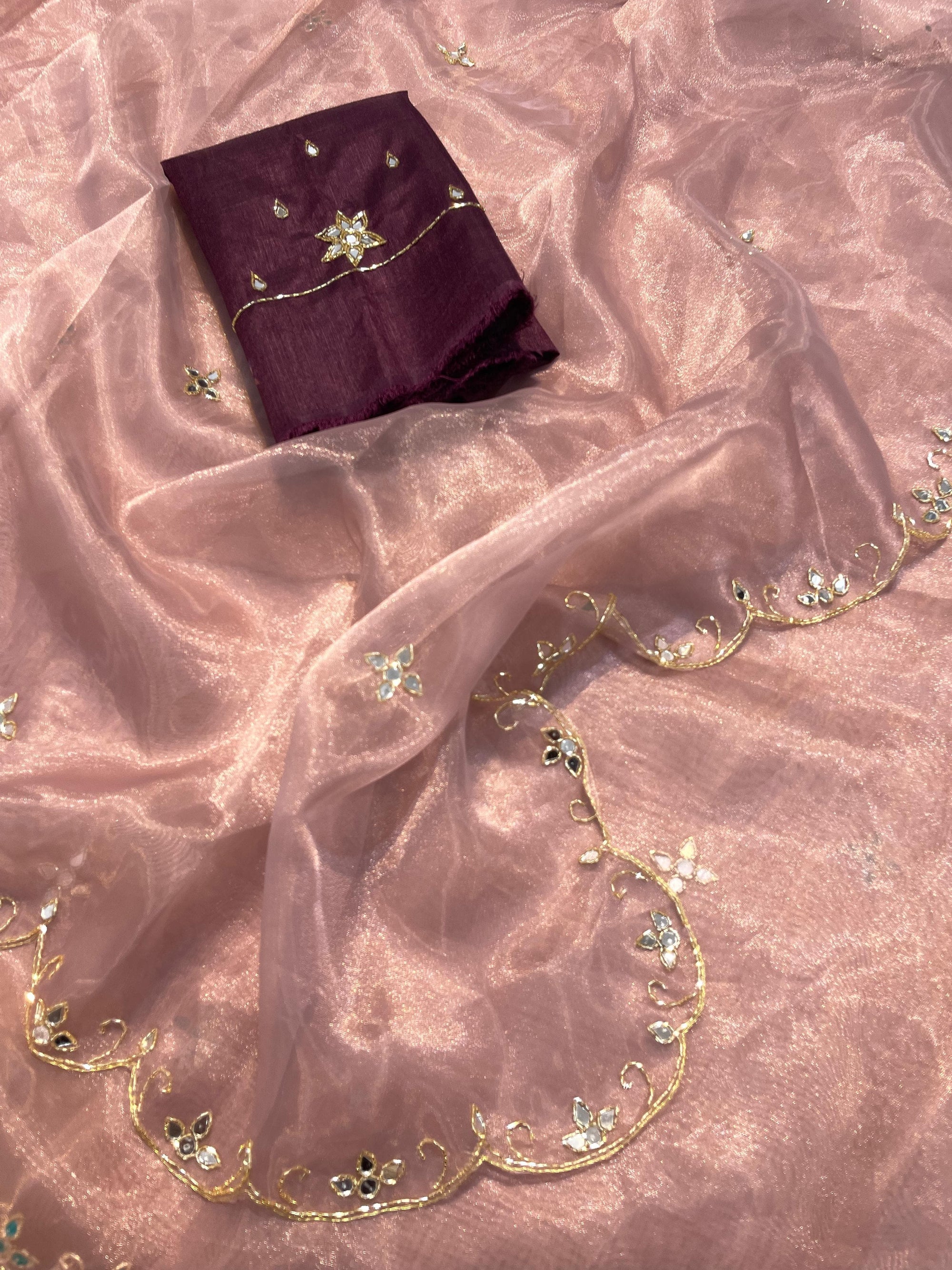 PEACH SHADE ORGANZA SILK HAND WORK SAREE