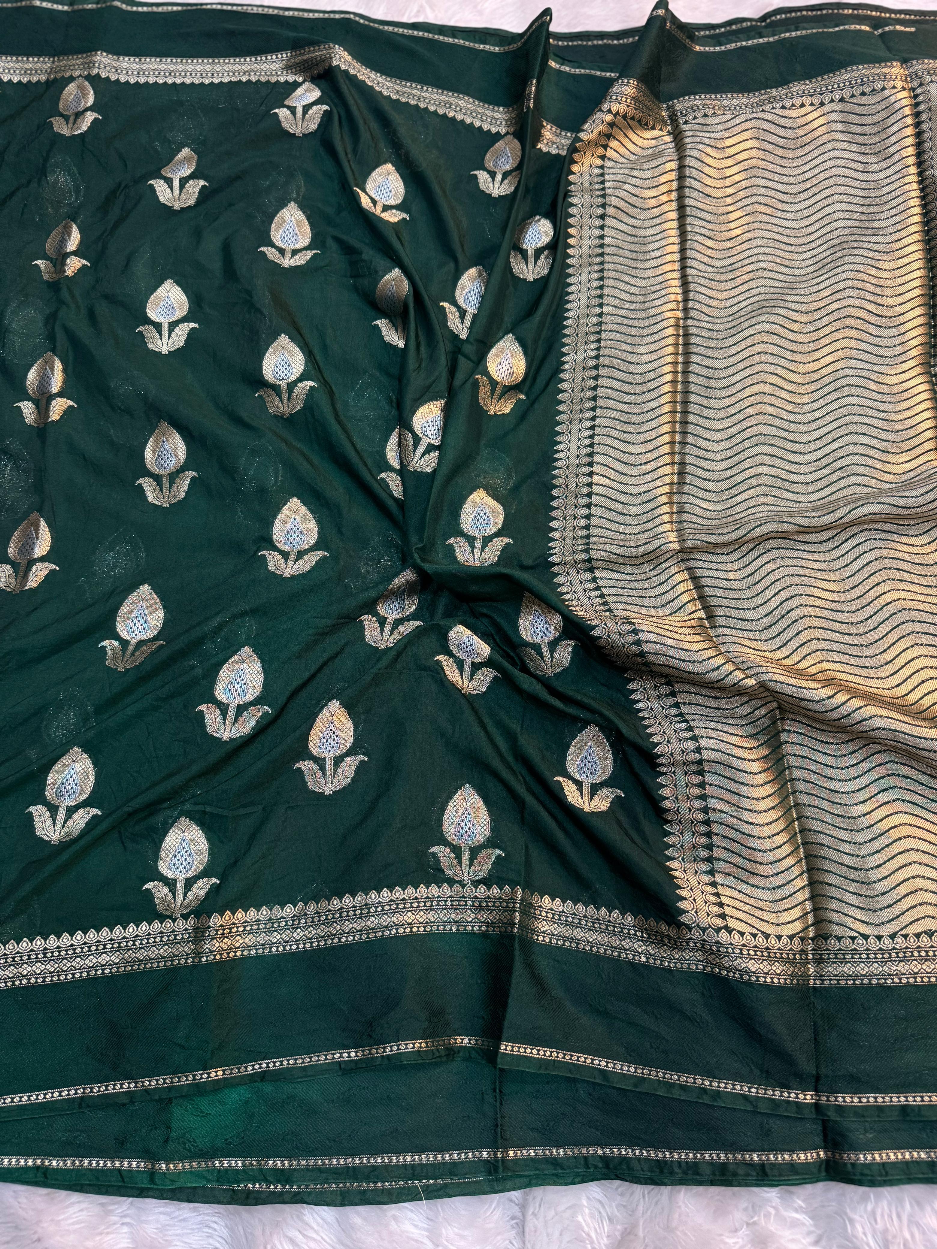 PREMIUM BOTTLE GREEN CHINIYA SILK SAREE